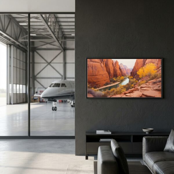 Zion Red Rock Canyons Panoramic Canvas – Wild River & Golden Aspens Wall Art for Wide Hallway or Home Office