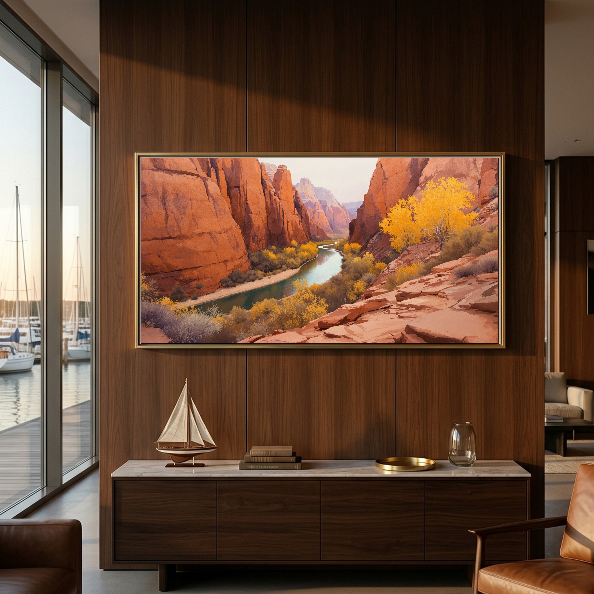 Zion Red Rock Canyons Panoramic Canvas – Wild River & Golden Aspens Wall Art for Wide Hallway or Home Office - Image 2
