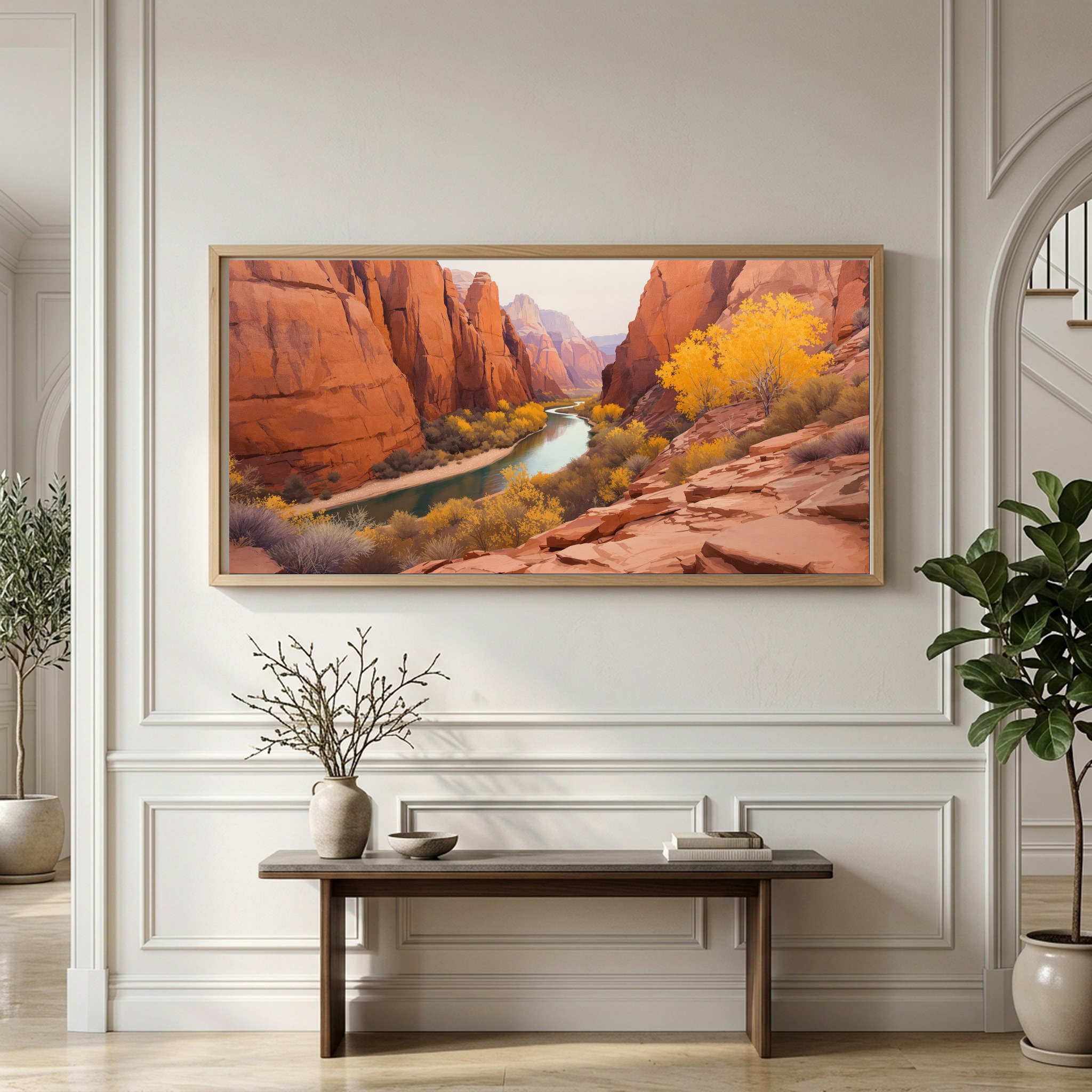 Zion Red Rock Canyons Panoramic Canvas – Wild River & Golden Aspens Wall Art for Wide Hallway or Home Office - Image 3