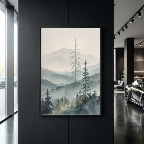 Misty Cascade Valley with Towering Pines – Vertical Canvas Wall Art for Contemporary Living Rooms