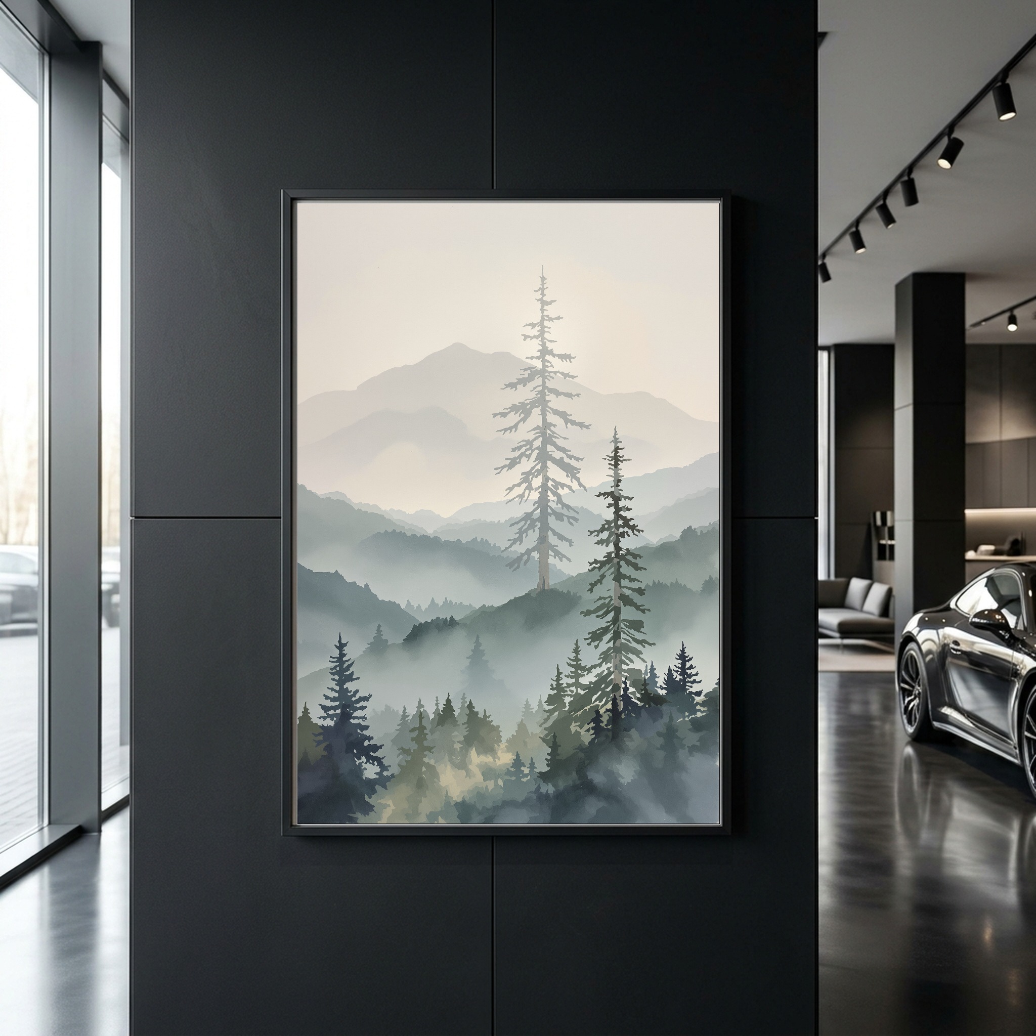 Misty Cascade Valley with Towering Pines – Vertical Canvas Wall Art for Contemporary Living Rooms