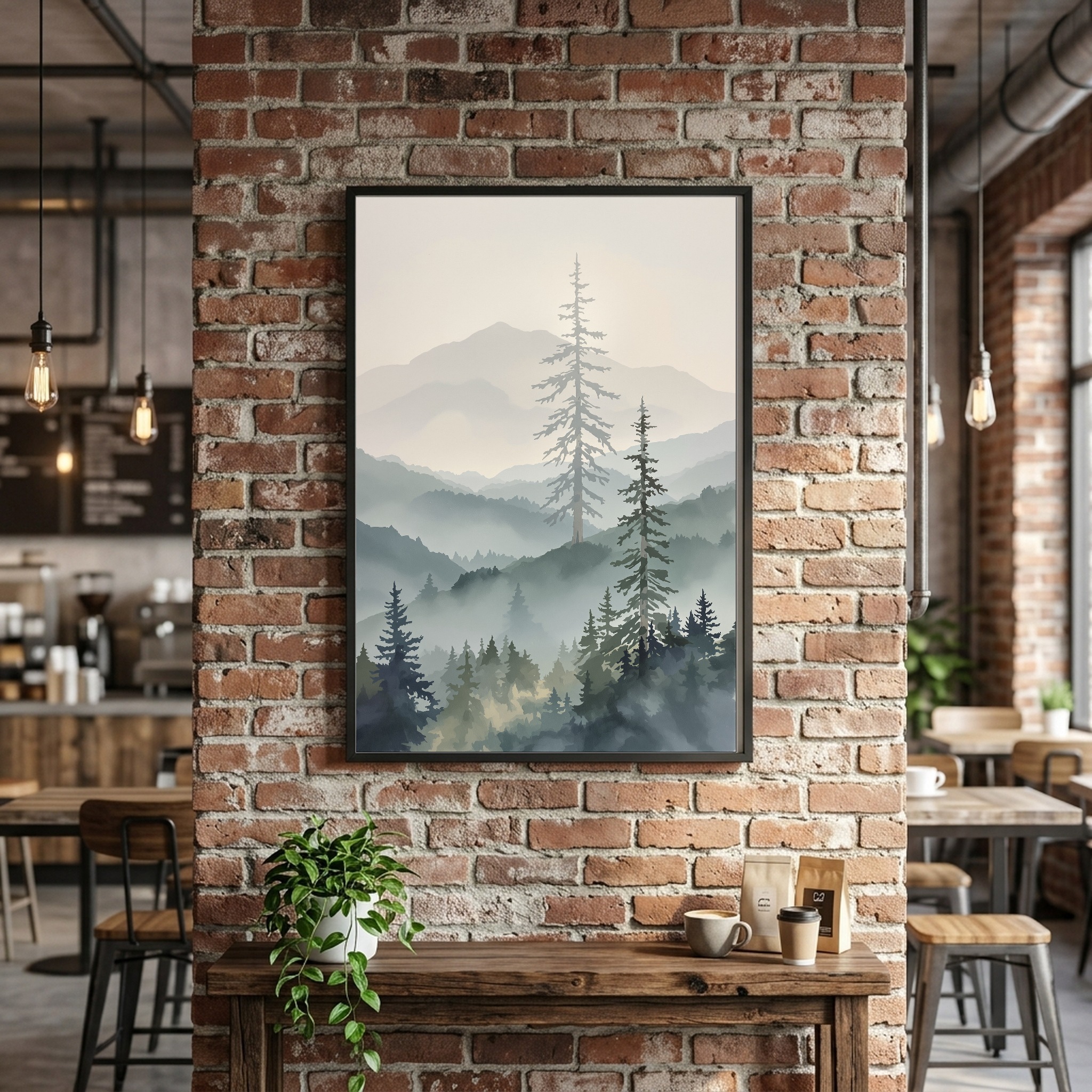 Misty Cascade Valley with Towering Pines – Vertical Canvas Wall Art for Contemporary Living Rooms - Image 3