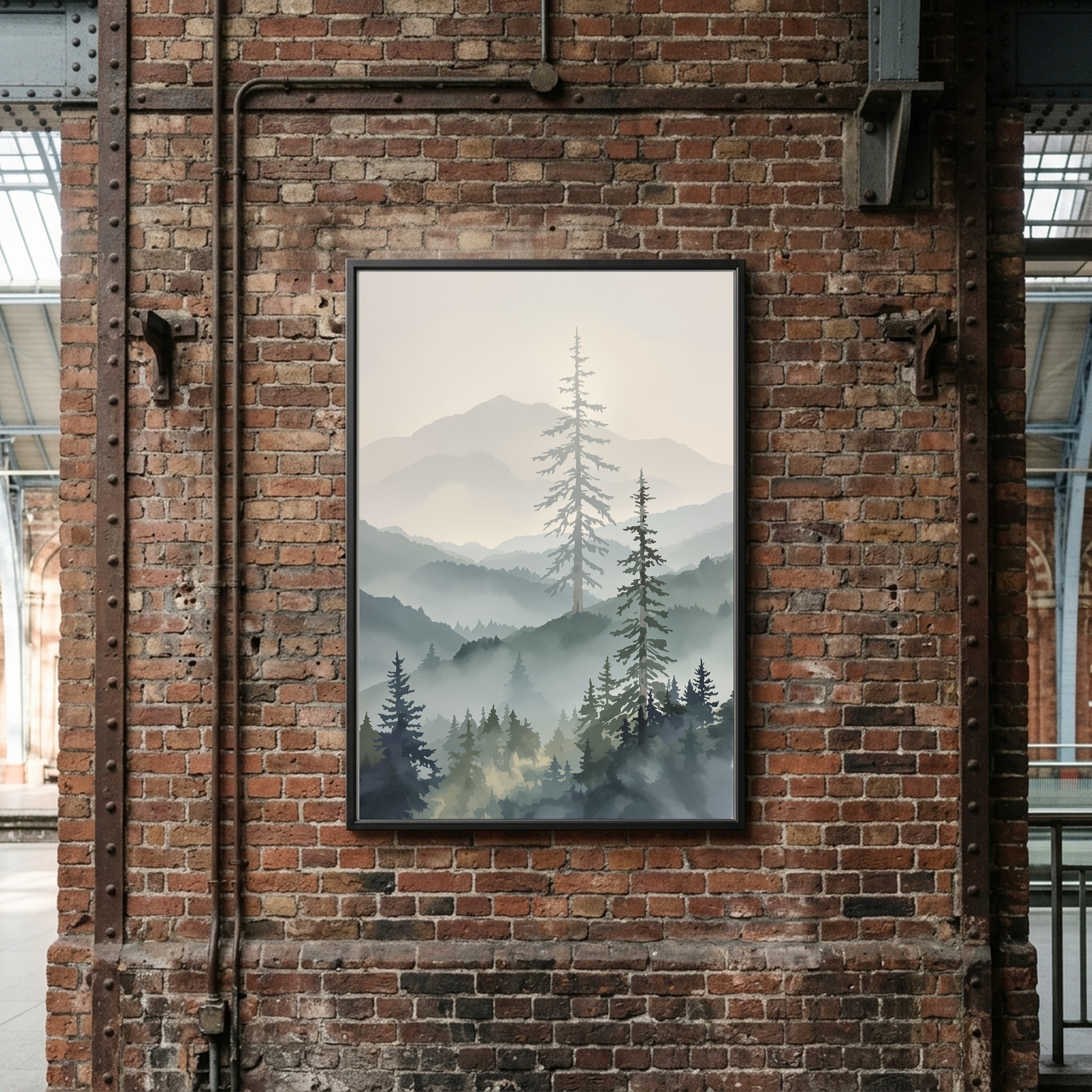 Misty Cascade Valley with Towering Pines – Vertical Canvas Wall Art for Contemporary Living Rooms - Image 4