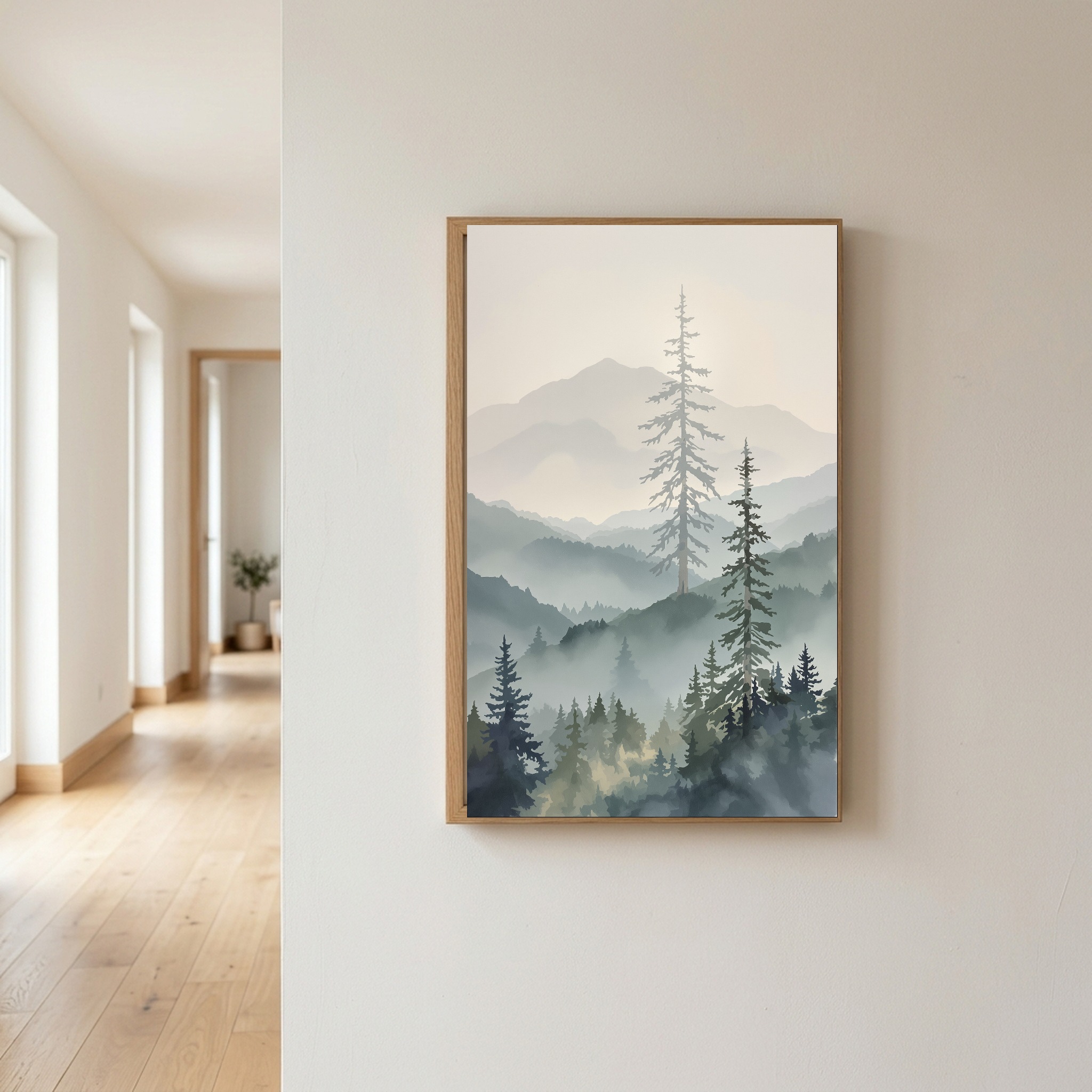 Misty Cascade Valley with Towering Pines – Vertical Canvas Wall Art for Contemporary Living Rooms - Image 5
