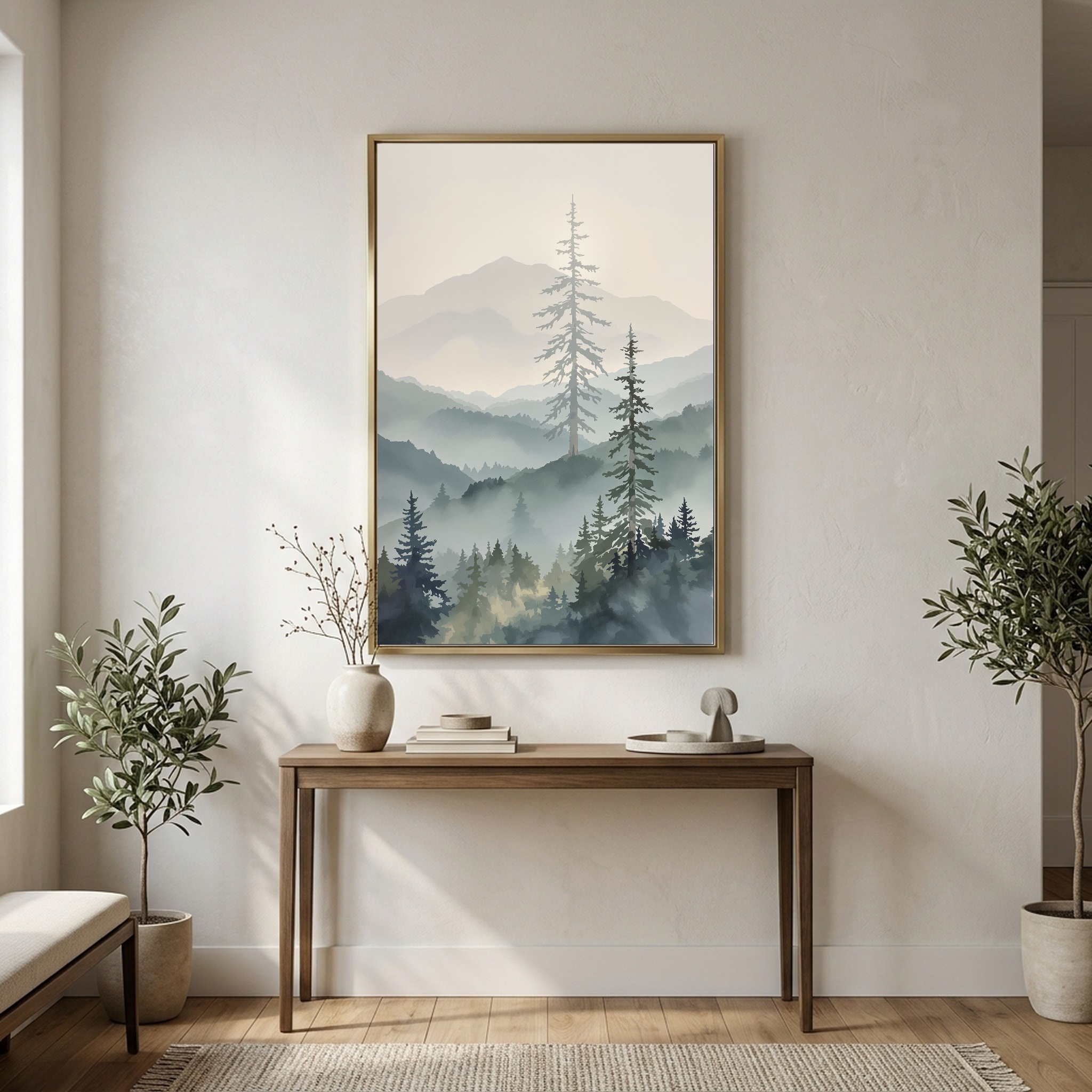 Misty Cascade Valley with Towering Pines – Vertical Canvas Wall Art for Contemporary Living Rooms - Image 6