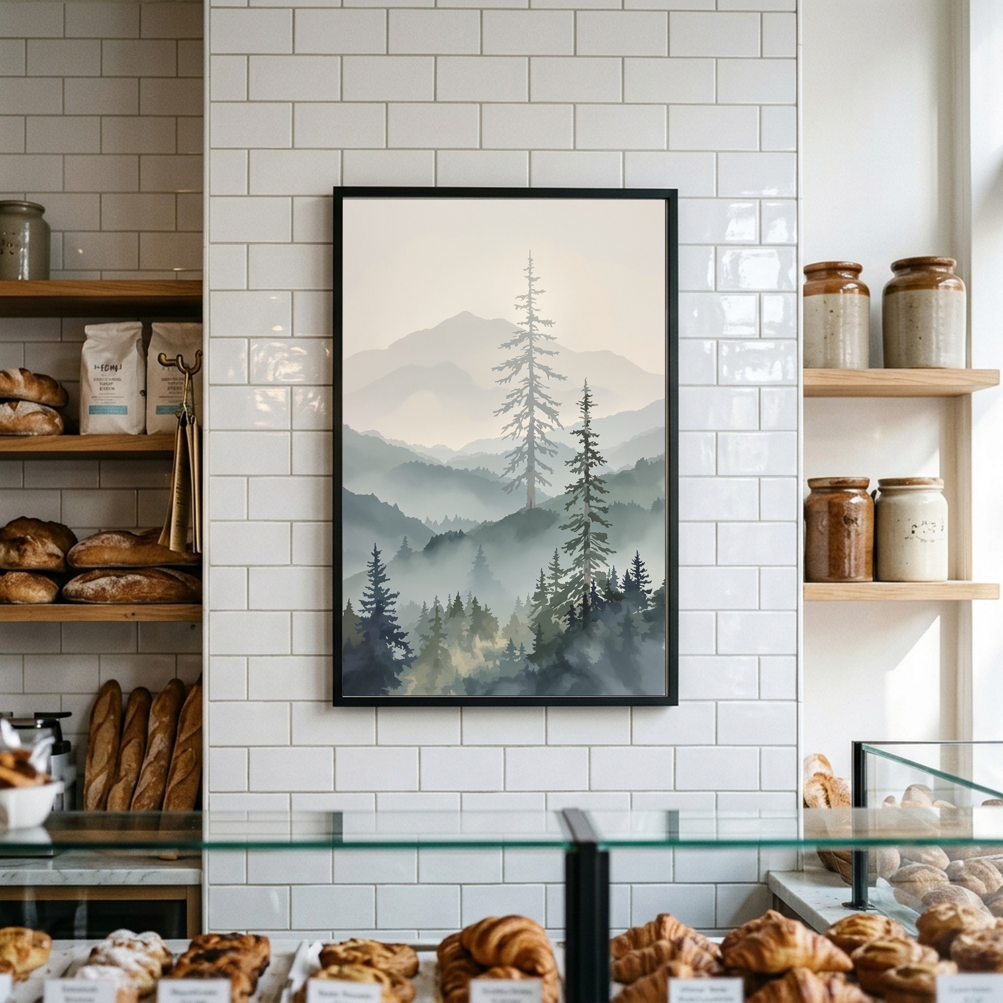 Misty Cascade Valley with Towering Pines – Vertical Canvas Wall Art for Contemporary Living Rooms - Image 7