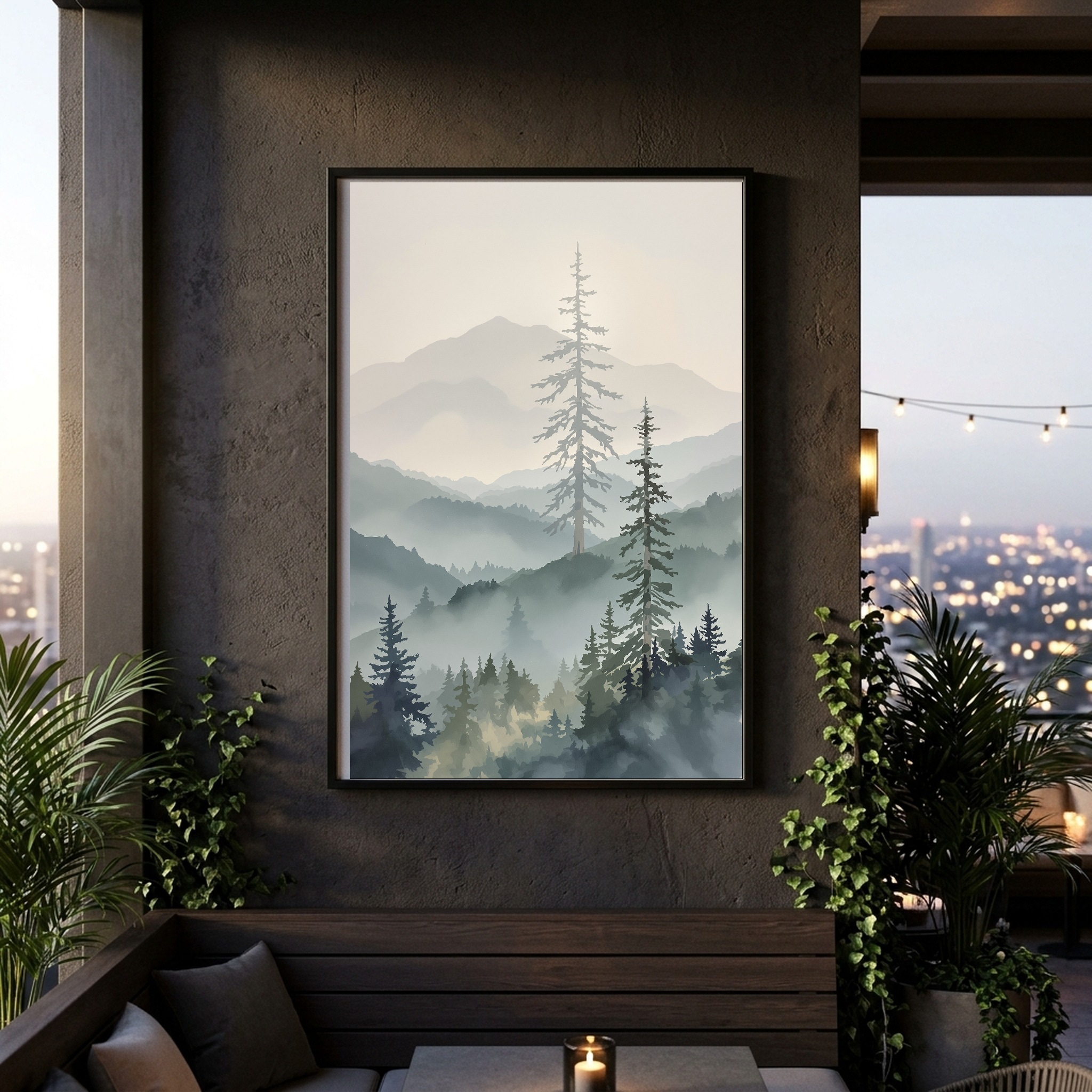 Misty Cascade Valley with Towering Pines – Vertical Canvas Wall Art for Contemporary Living Rooms - Image 8