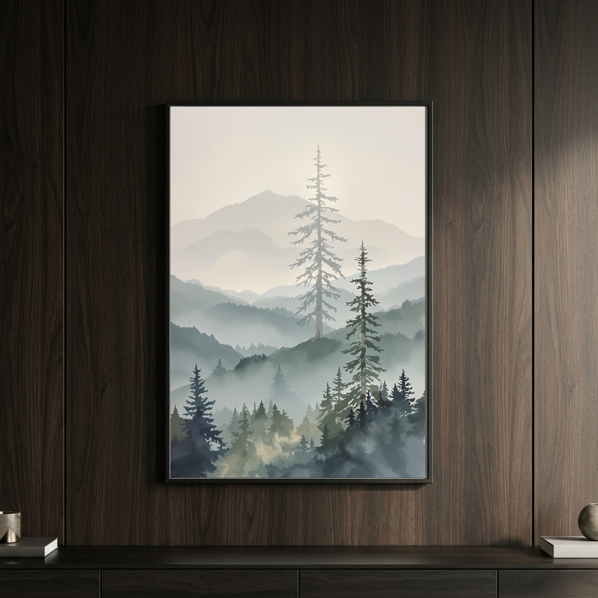 Misty Cascade Valley with Towering Pines – Vertical Canvas Wall Art for Contemporary Living Rooms - Image 10