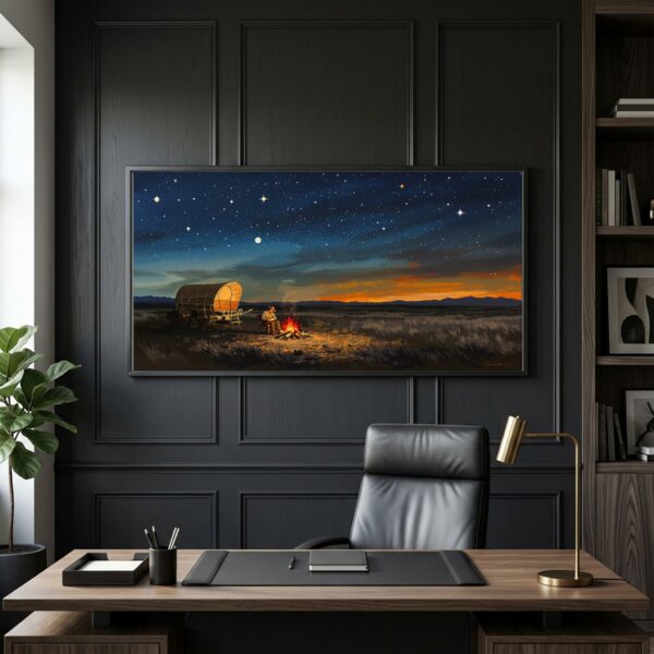 Old West Chuckwagon Campfire Under Starry Sky Panoramic Canvas Wall Art for Cabin