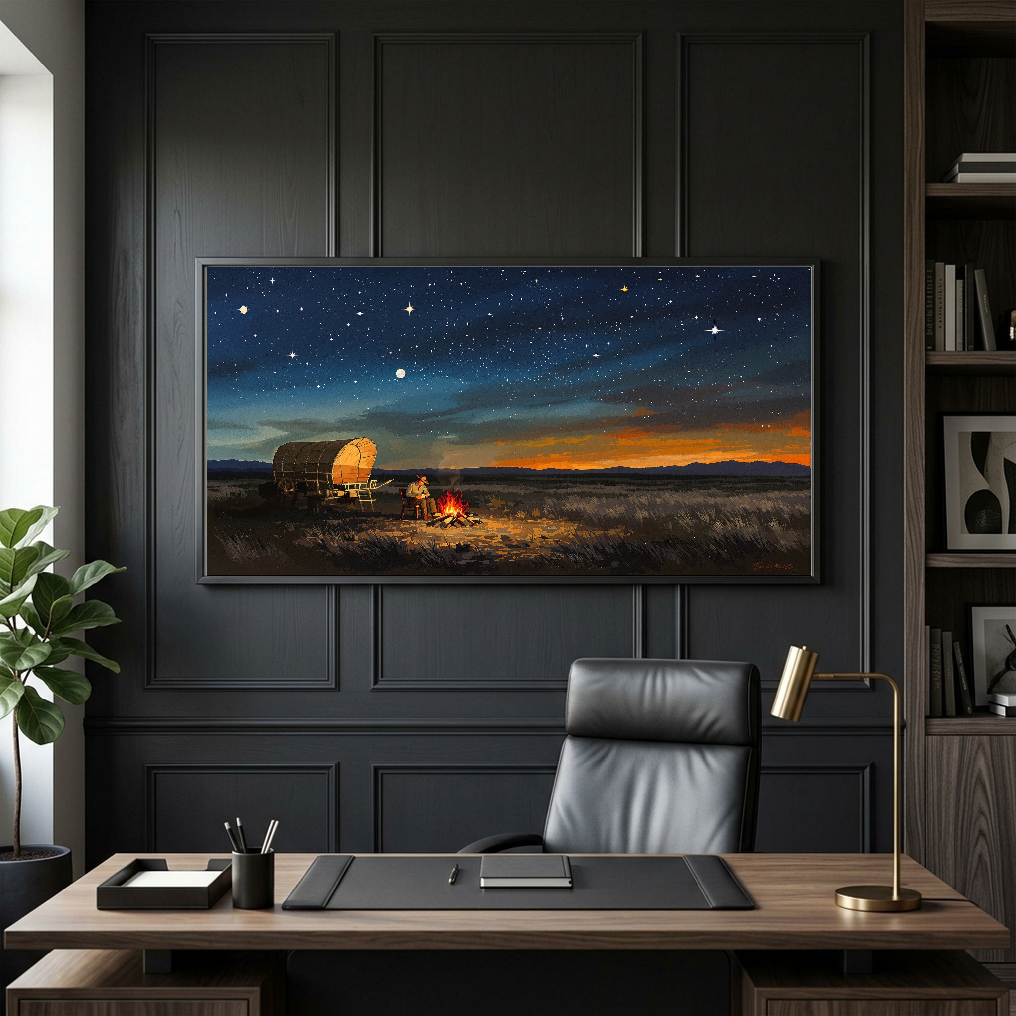 Old West Chuckwagon Campfire Under Starry Sky Panoramic Canvas Wall Art for Cabin