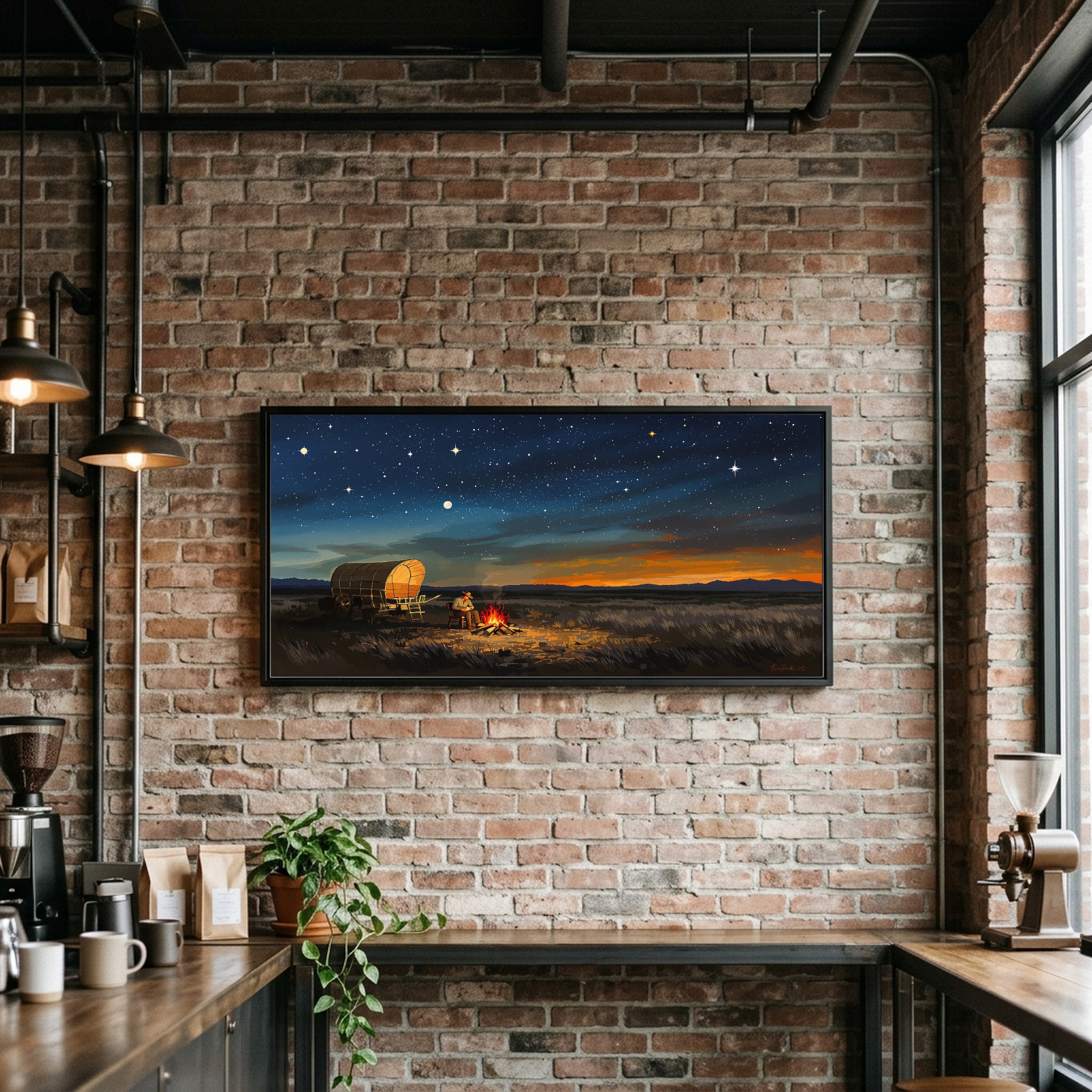 Old West Chuckwagon Campfire Under Starry Sky Panoramic Canvas Wall Art for Cabin - Image 2