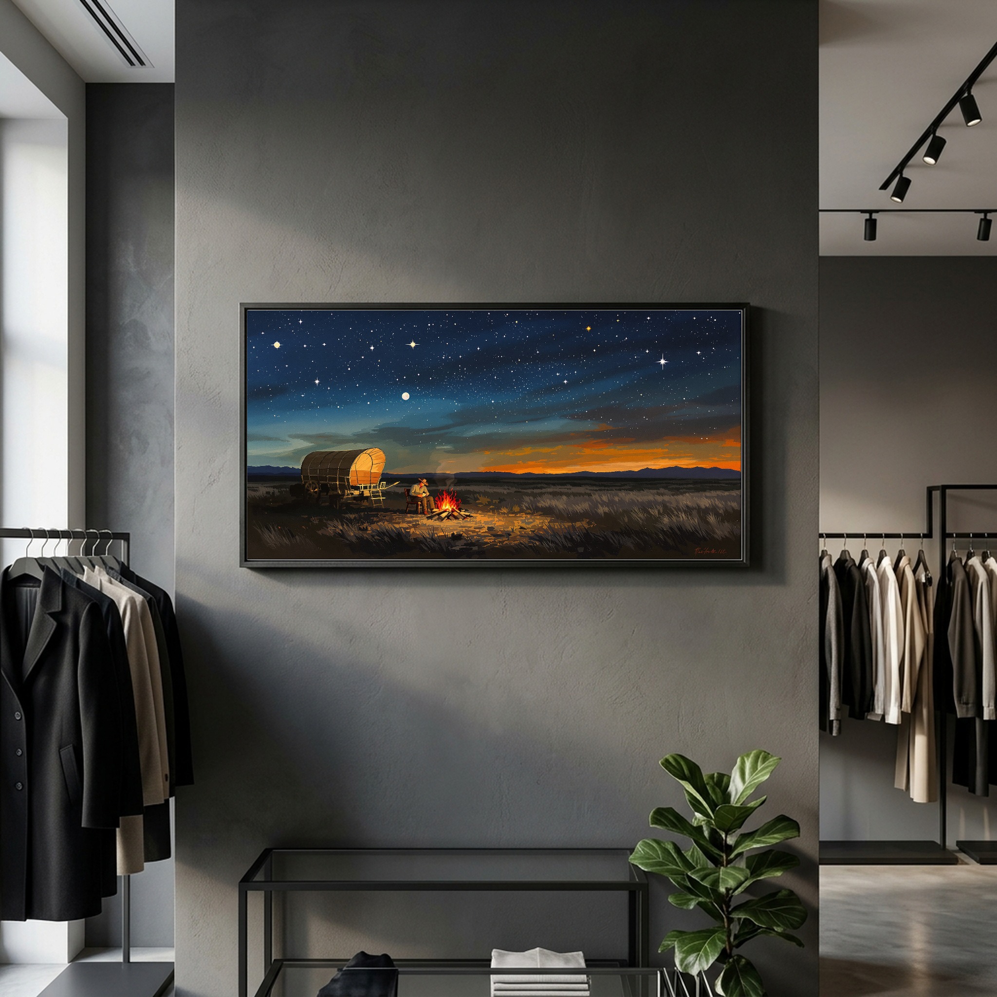 Old West Chuckwagon Campfire Under Starry Sky Panoramic Canvas Wall Art for Cabin - Image 3