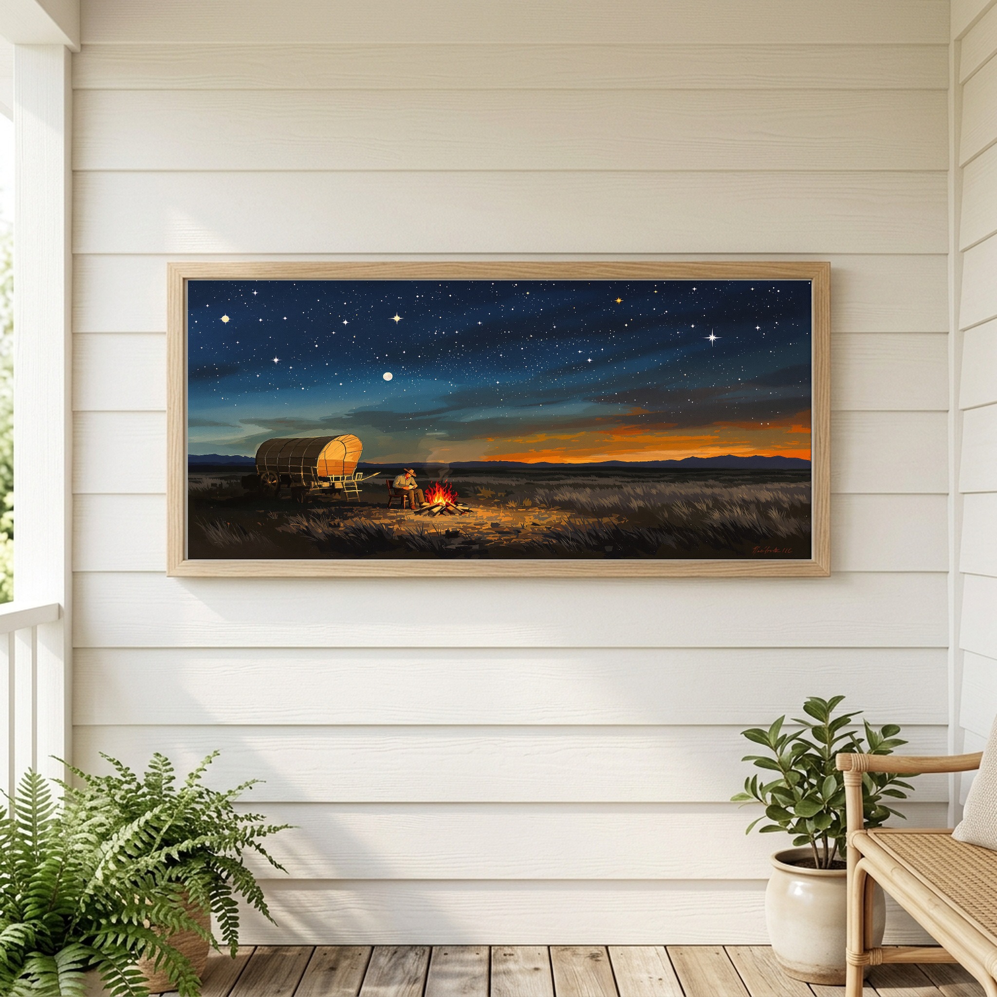 Old West Chuckwagon Campfire Under Starry Sky Panoramic Canvas Wall Art for Cabin - Image 4