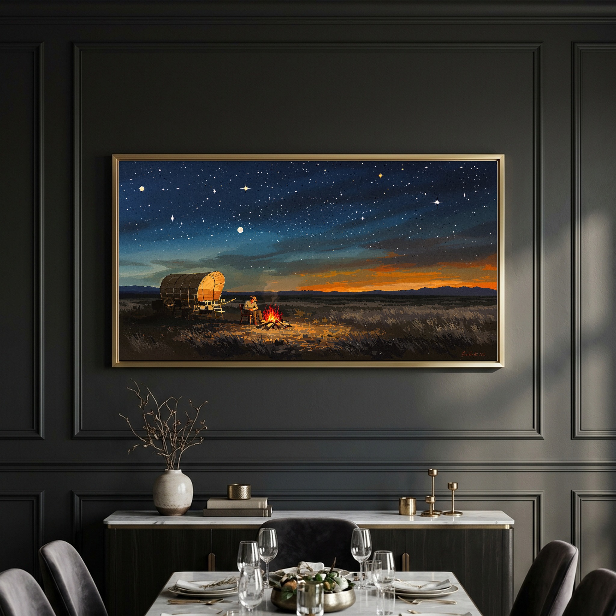 Old West Chuckwagon Campfire Under Starry Sky Panoramic Canvas Wall Art for Cabin - Image 5