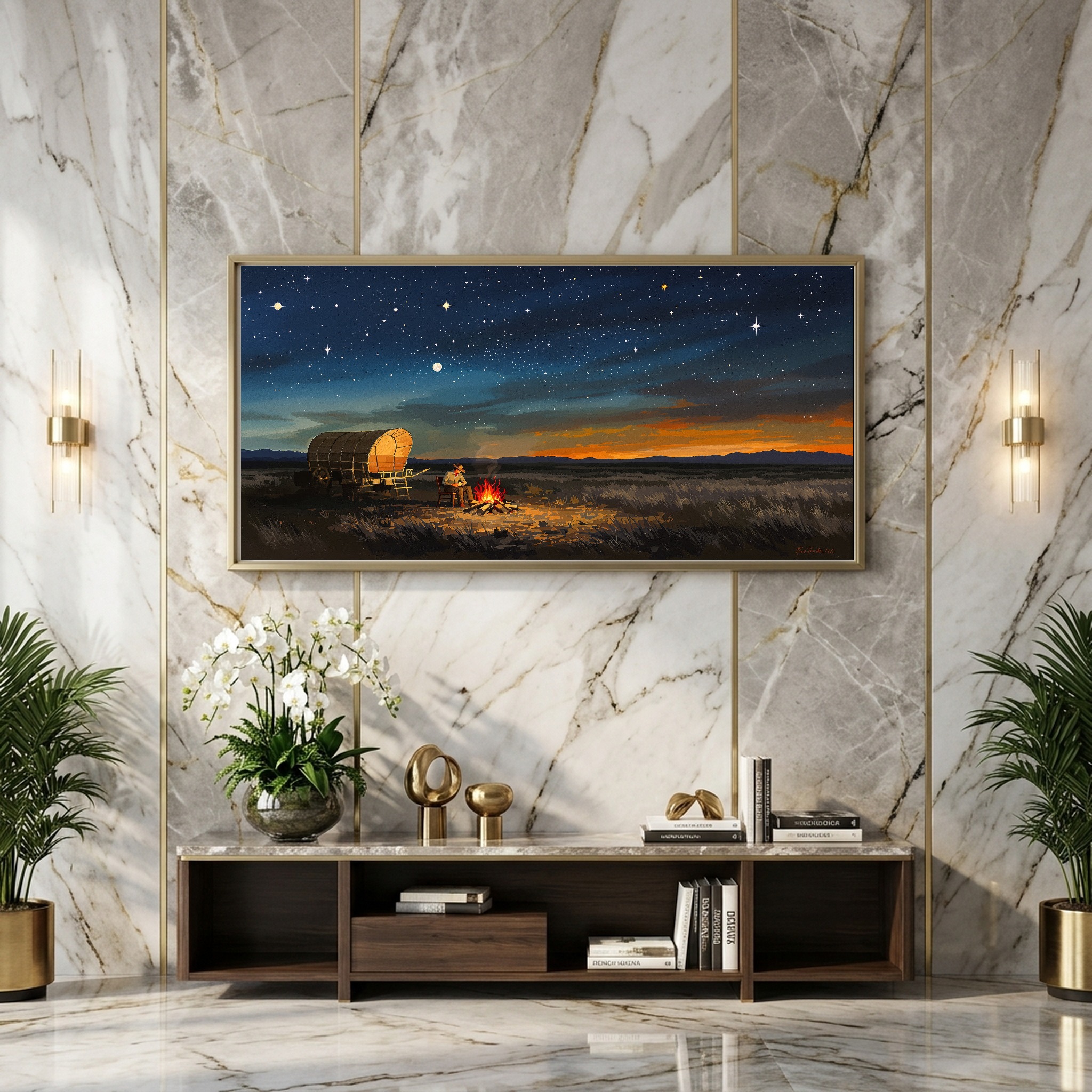 Old West Chuckwagon Campfire Under Starry Sky Panoramic Canvas Wall Art for Cabin - Image 6