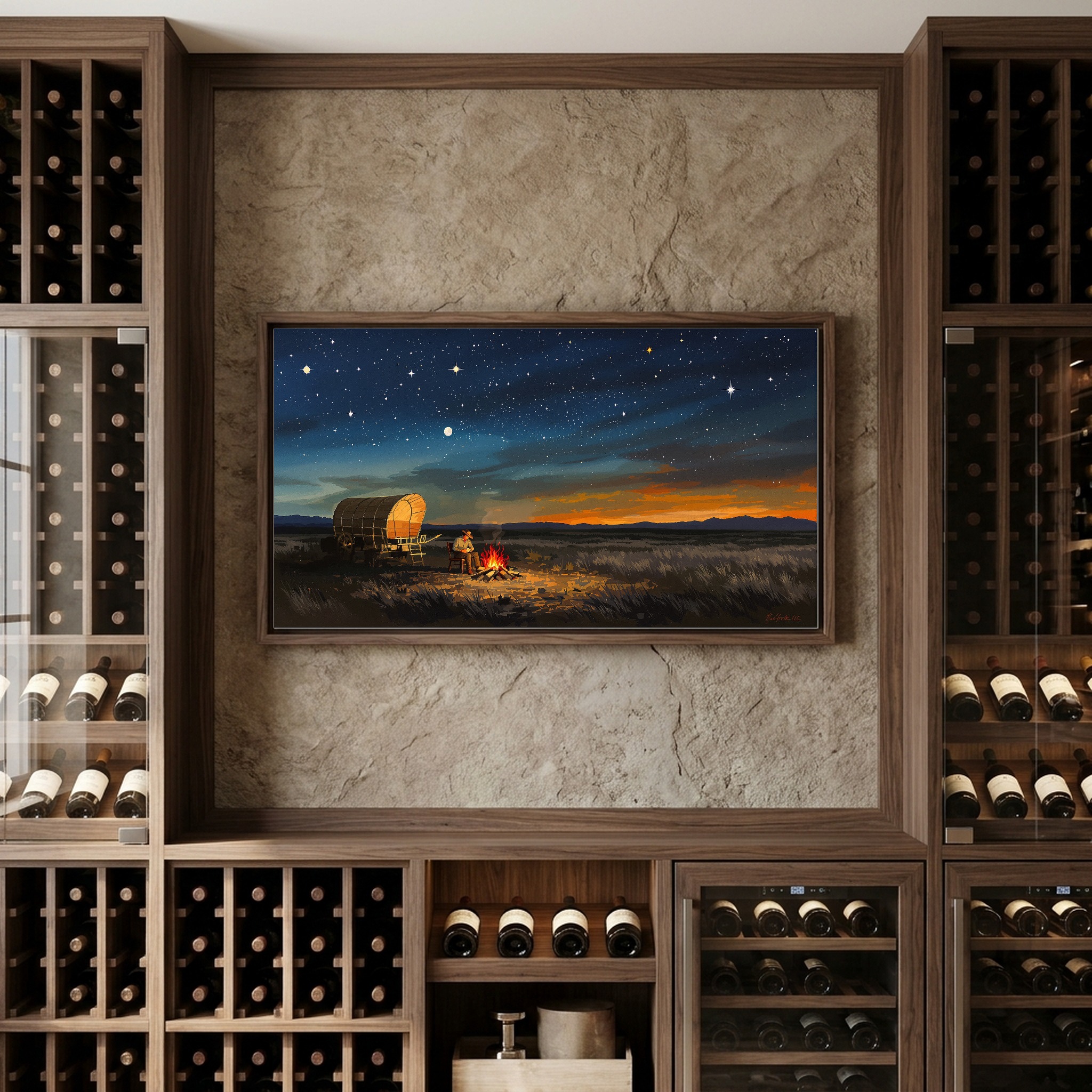 Old West Chuckwagon Campfire Under Starry Sky Panoramic Canvas Wall Art for Cabin - Image 7