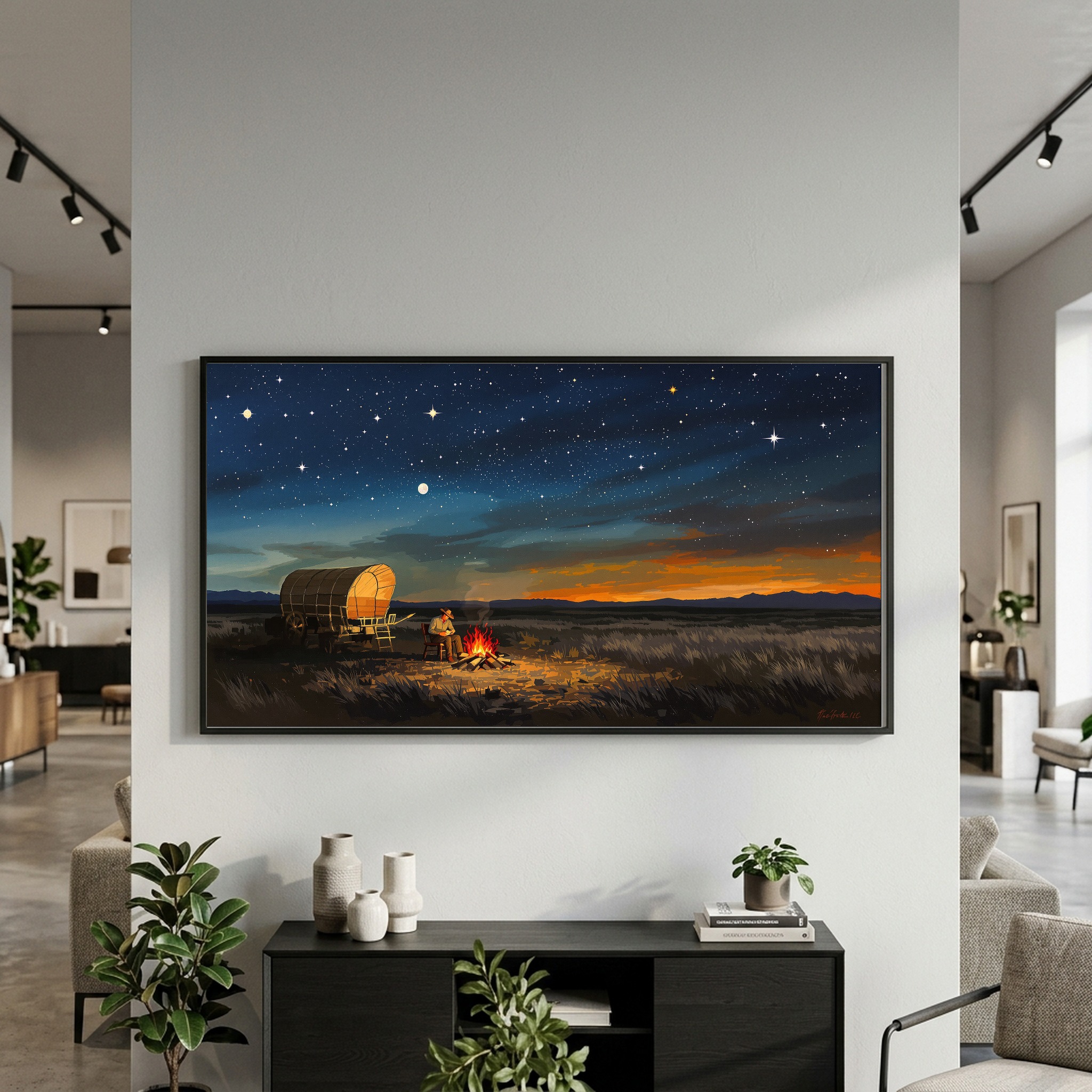 Old West Chuckwagon Campfire Under Starry Sky Panoramic Canvas Wall Art for Cabin - Image 8