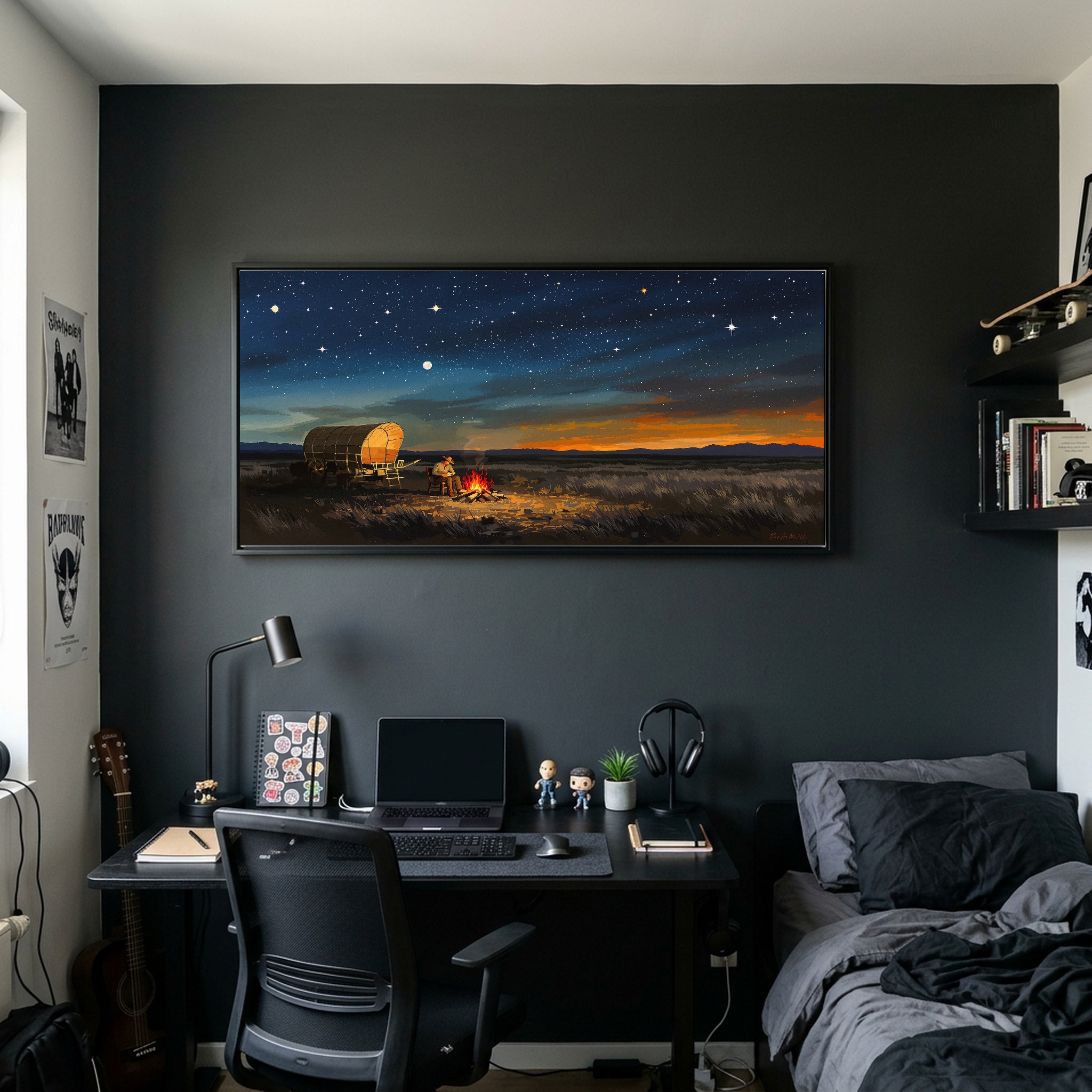 Old West Chuckwagon Campfire Under Starry Sky Panoramic Canvas Wall Art for Cabin - Image 9