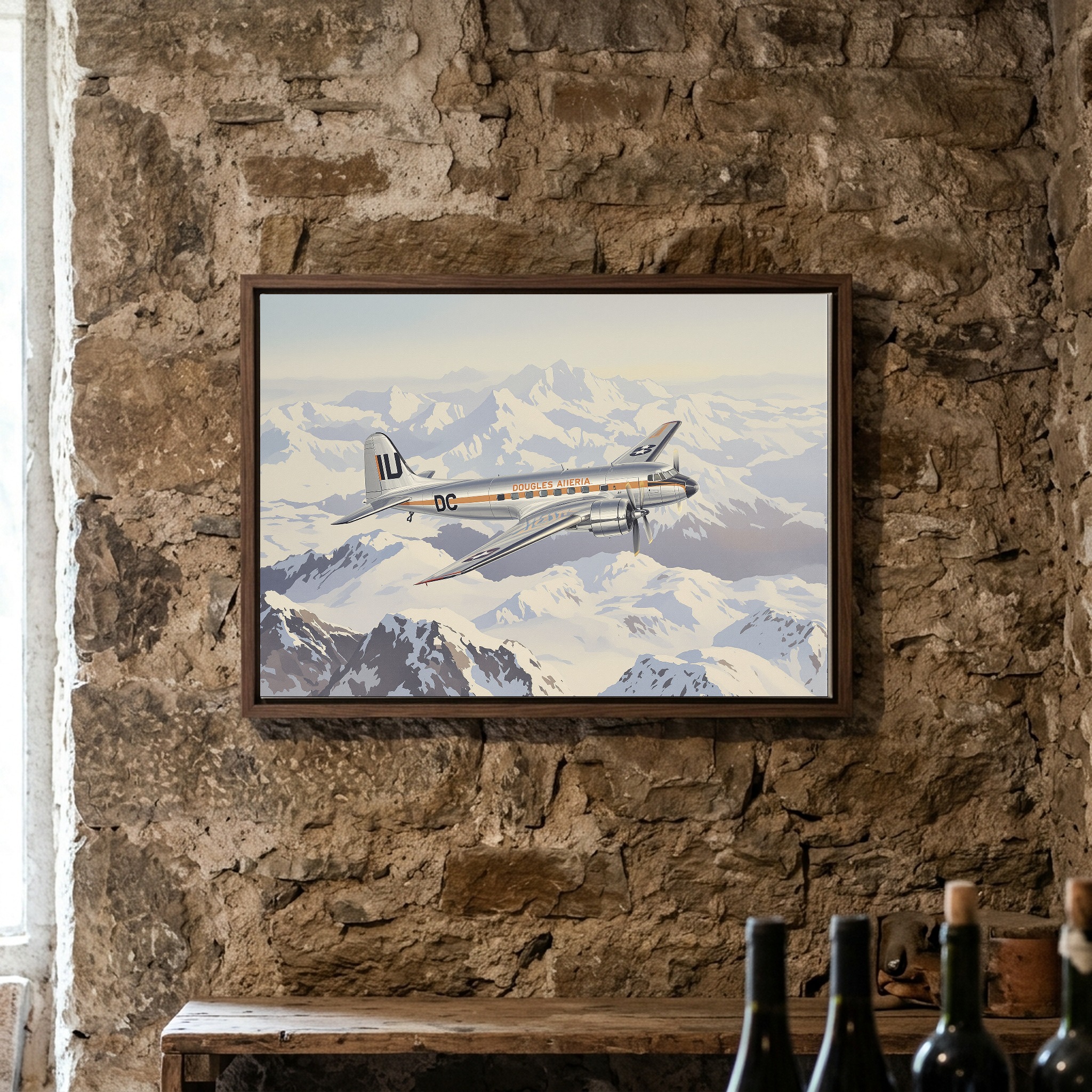 Douglas DC-3 Over Snowy Mountains | Vintage Aviation Canvas Wall Art for Classic Office