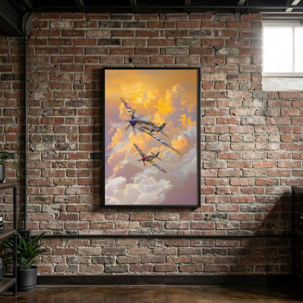 WWII Warbirds in Formation – P-51 Mustang & Corsair Sunset Canvas Art for Executive Office