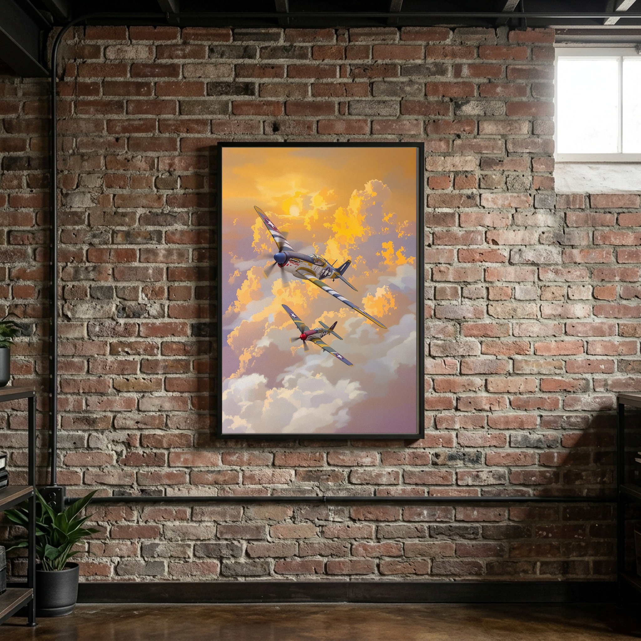 WWII Warbirds in Formation – P-51 Mustang & Corsair Sunset Canvas Art for Executive Office