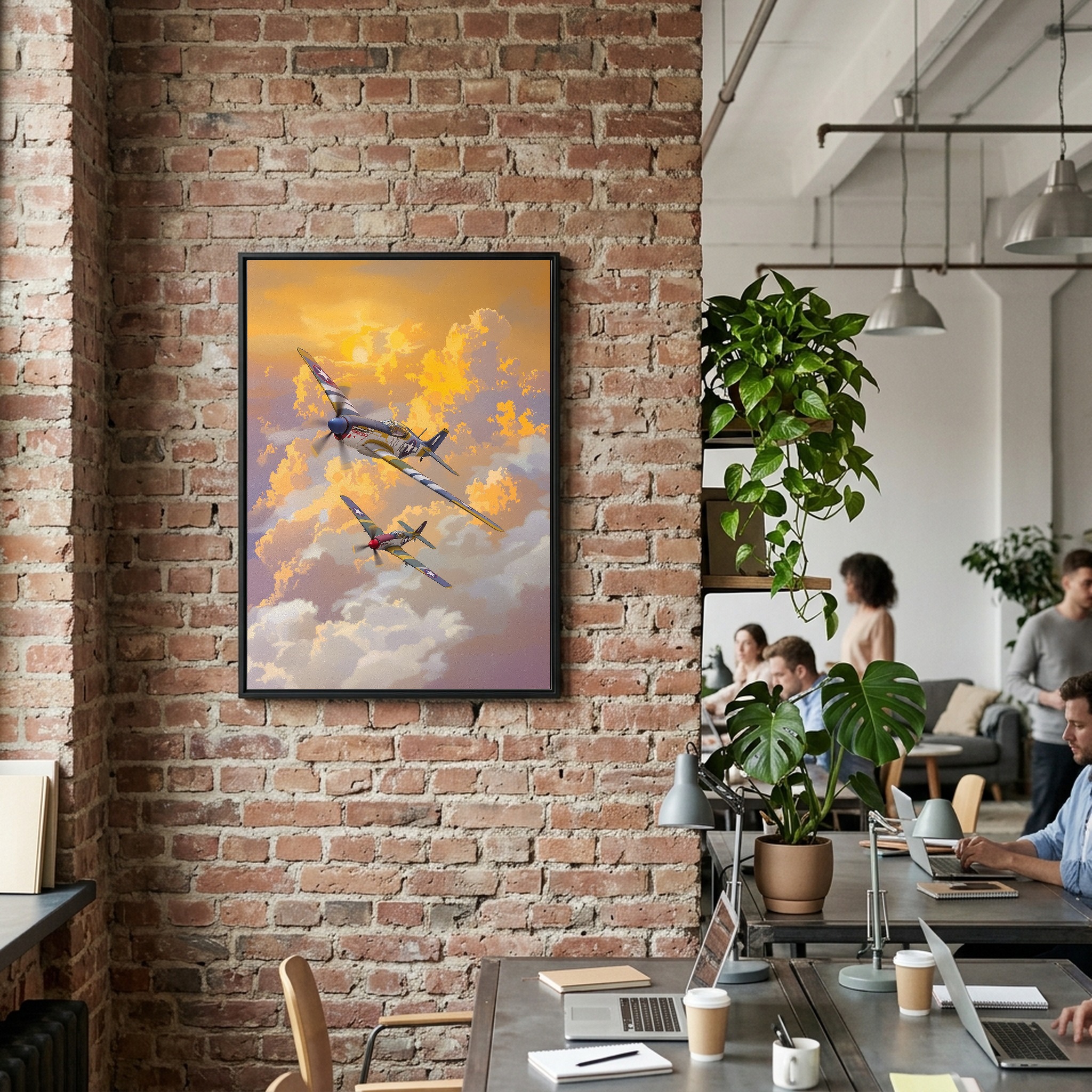 WWII Warbirds in Formation – P-51 Mustang & Corsair Sunset Canvas Art for Executive Office - Image 2