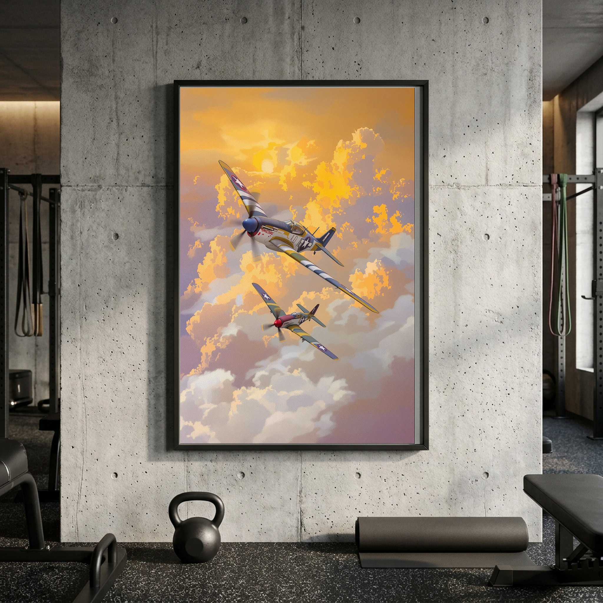 WWII Warbirds in Formation – P-51 Mustang & Corsair Sunset Canvas Art for Executive Office - Image 3
