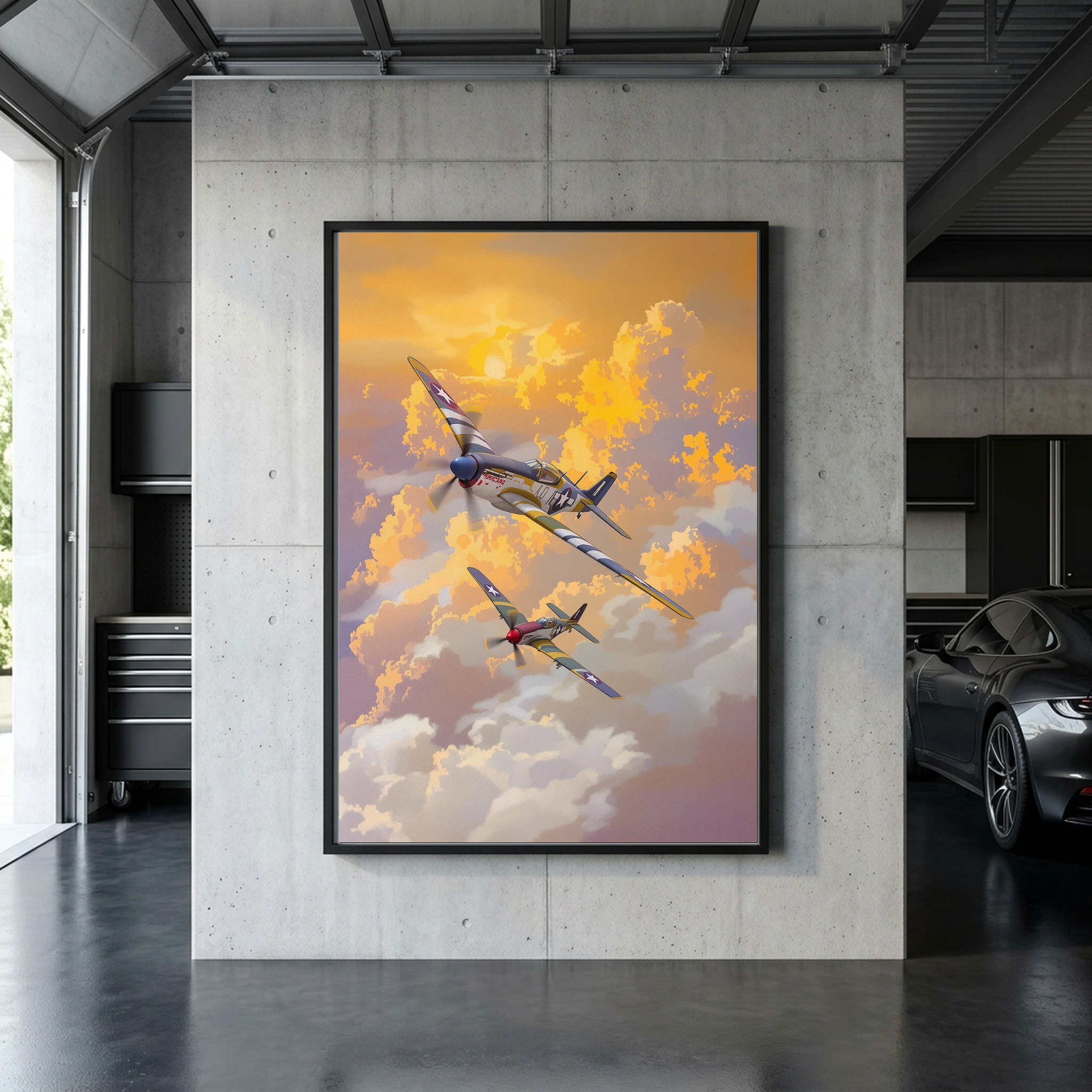 WWII Warbirds in Formation – P-51 Mustang & Corsair Sunset Canvas Art for Executive Office - Image 4