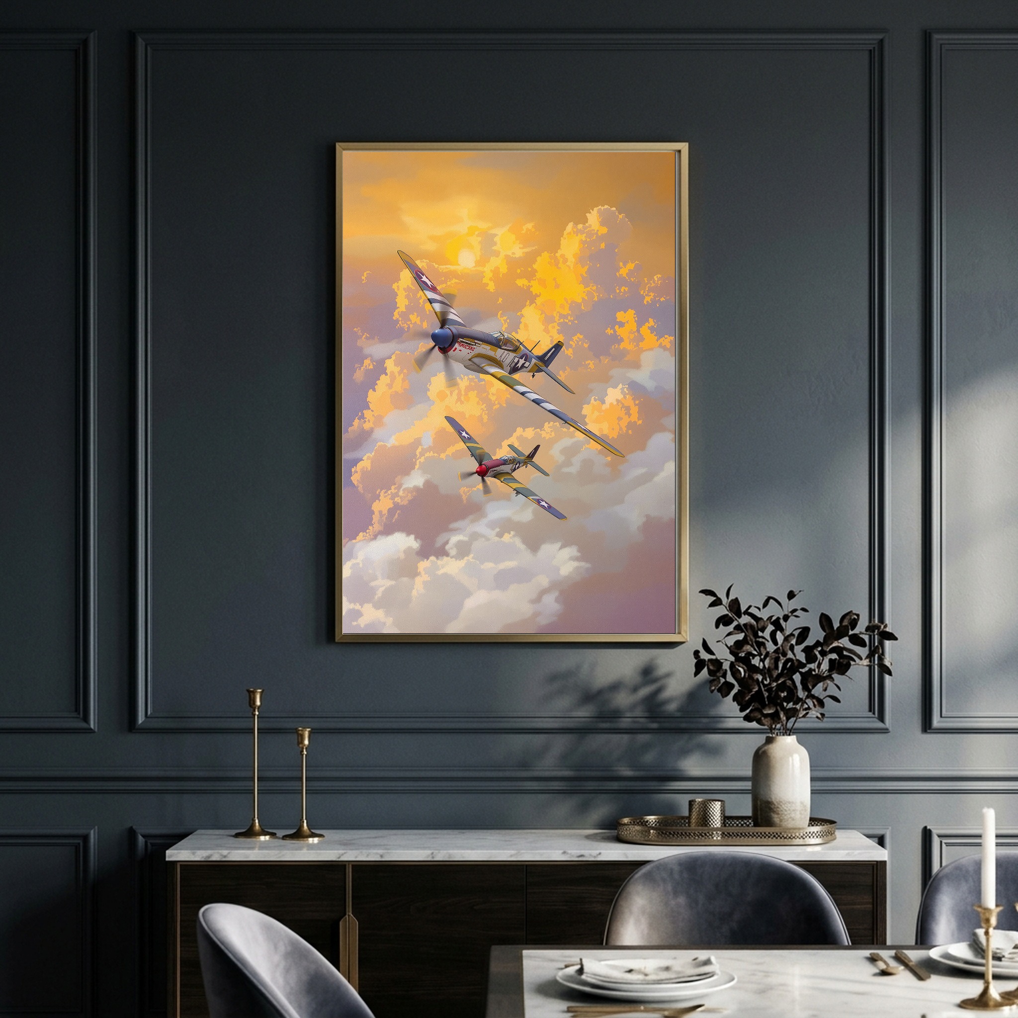 WWII Warbirds in Formation – P-51 Mustang & Corsair Sunset Canvas Art for Executive Office - Image 5