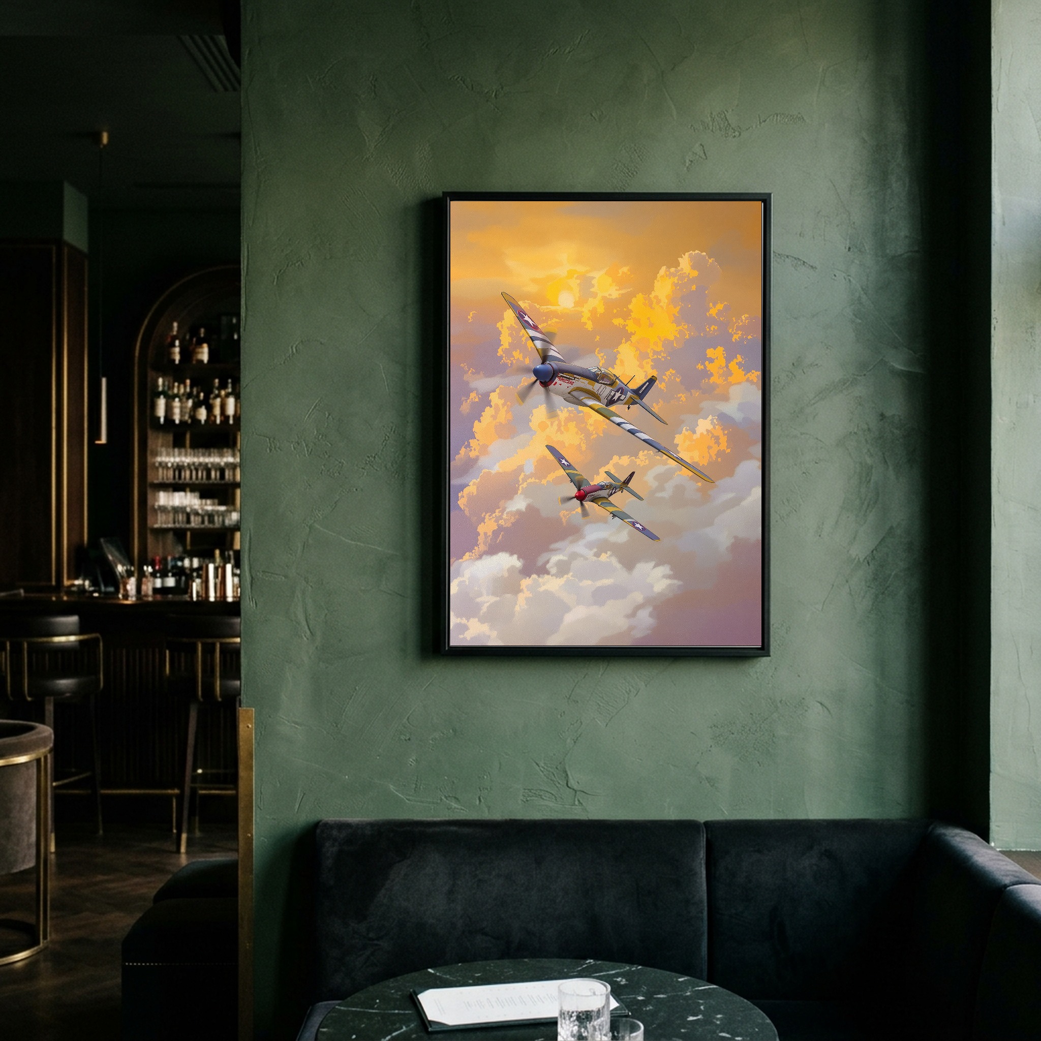 WWII Warbirds in Formation – P-51 Mustang & Corsair Sunset Canvas Art for Executive Office - Image 8