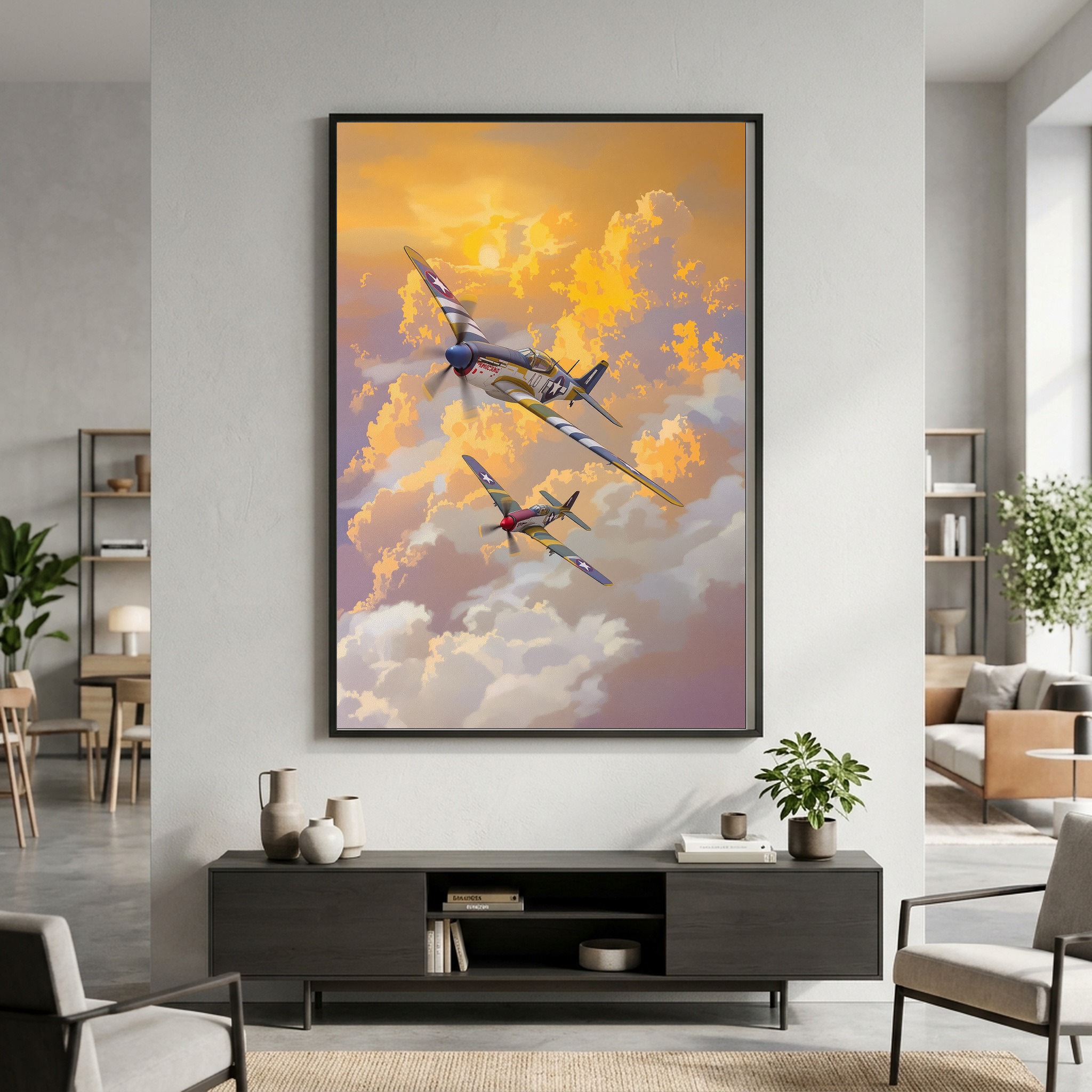 WWII Warbirds in Formation – P-51 Mustang & Corsair Sunset Canvas Art for Executive Office - Image 9