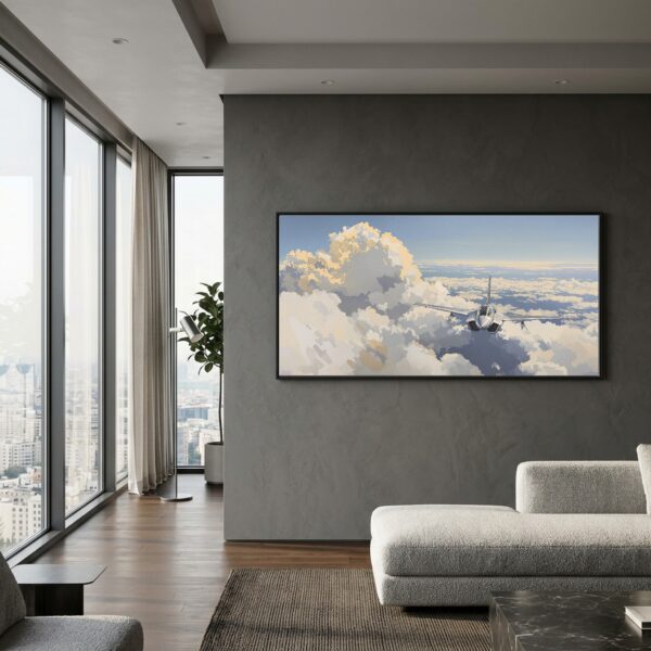 Supersonic Ascent: Fighter Jet Breaking Through Clouds, Panoramic Canvas Wall Art