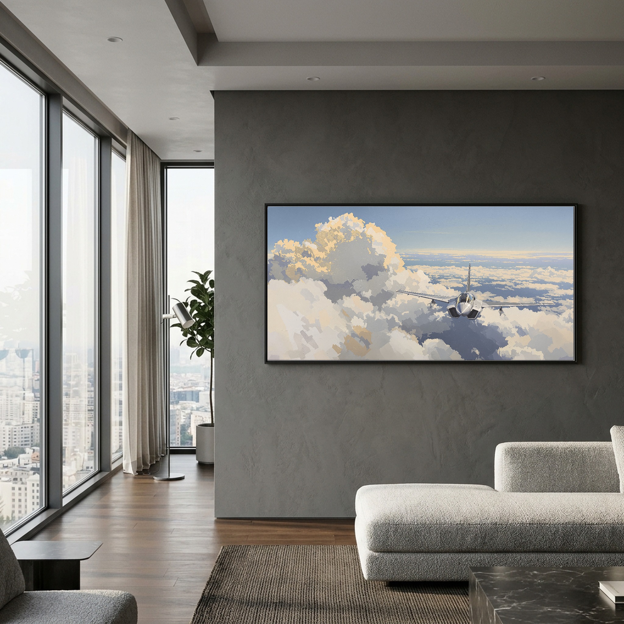 Supersonic Ascent: Fighter Jet Breaking Through Clouds, Panoramic Canvas Wall Art