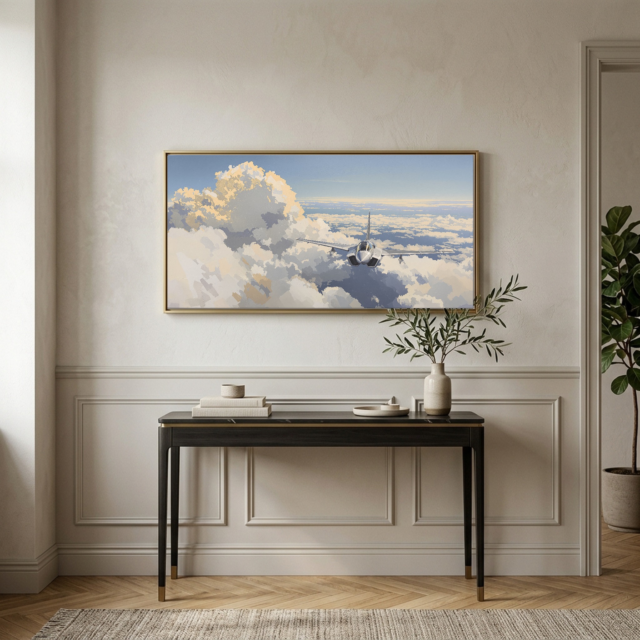 Supersonic Ascent: Fighter Jet Breaking Through Clouds, Panoramic Canvas Wall Art - Image 3