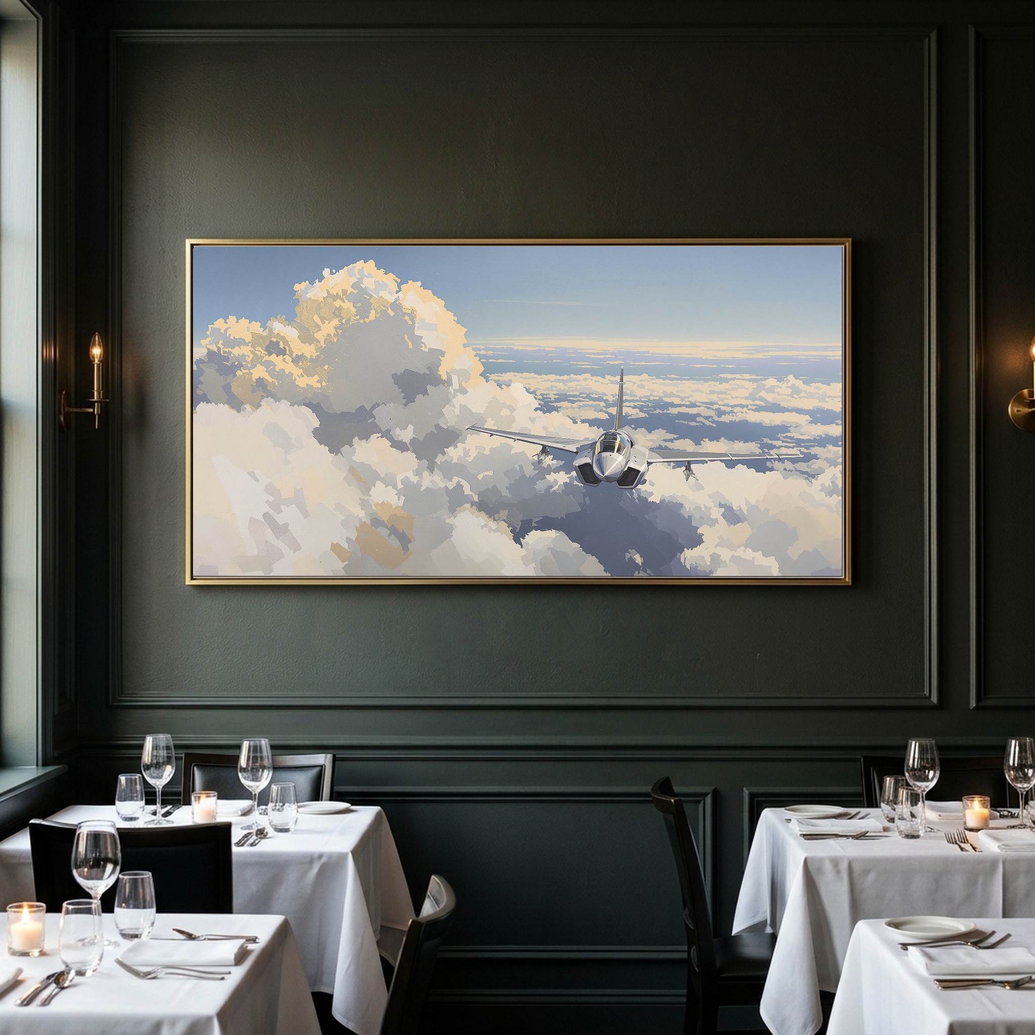 Supersonic Ascent: Fighter Jet Breaking Through Clouds, Panoramic Canvas Wall Art - Image 5