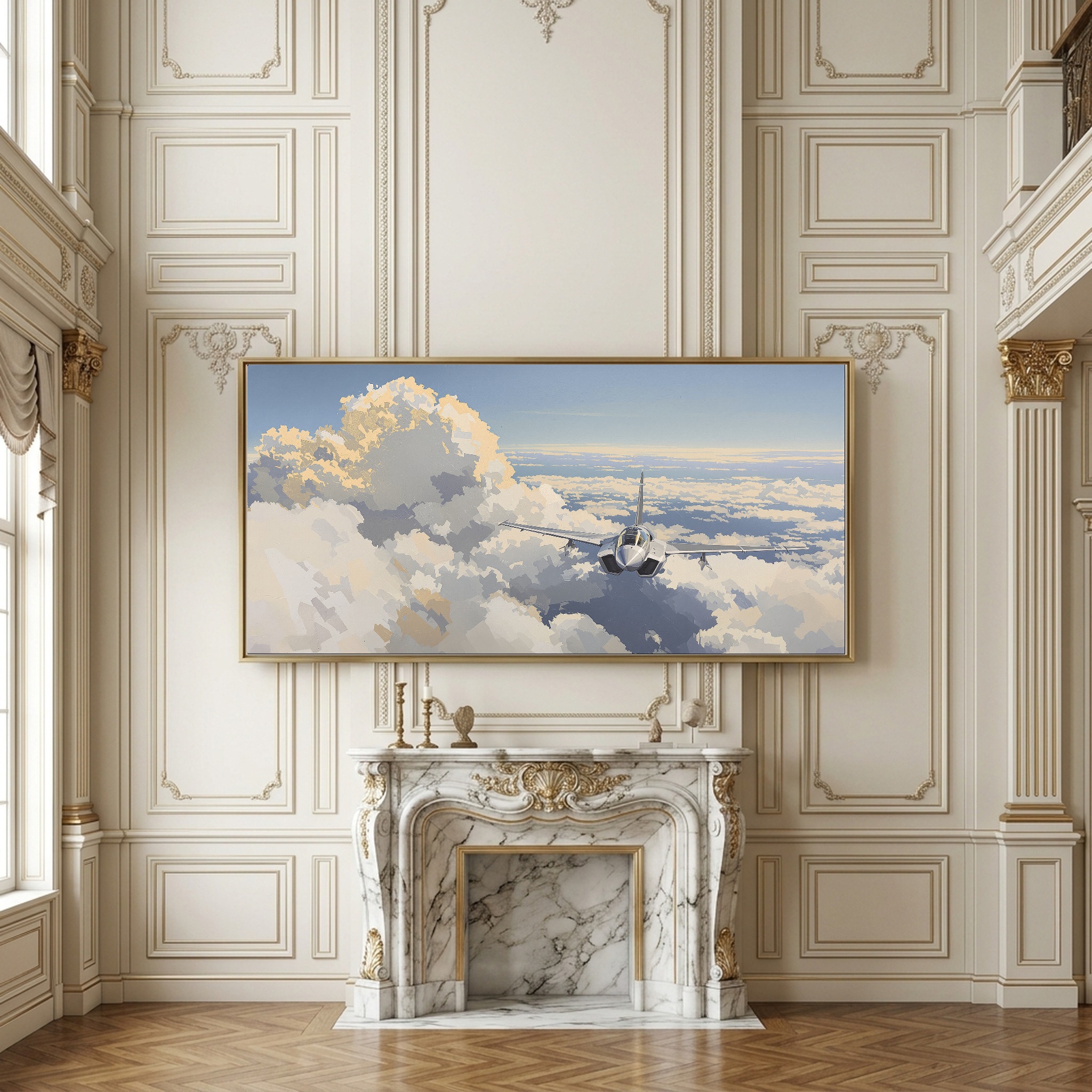 Supersonic Ascent: Fighter Jet Breaking Through Clouds, Panoramic Canvas Wall Art - Image 10