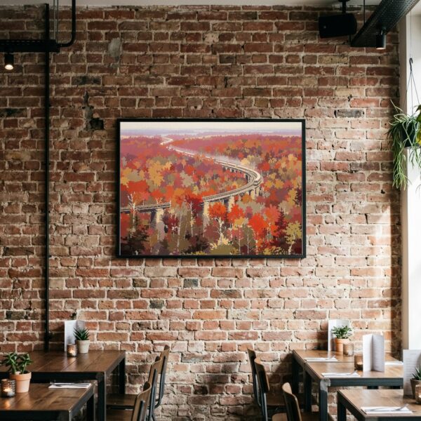 Autumn Train Through Red Maple Forests, Panoramic Canvas Wall Art for Dining Room