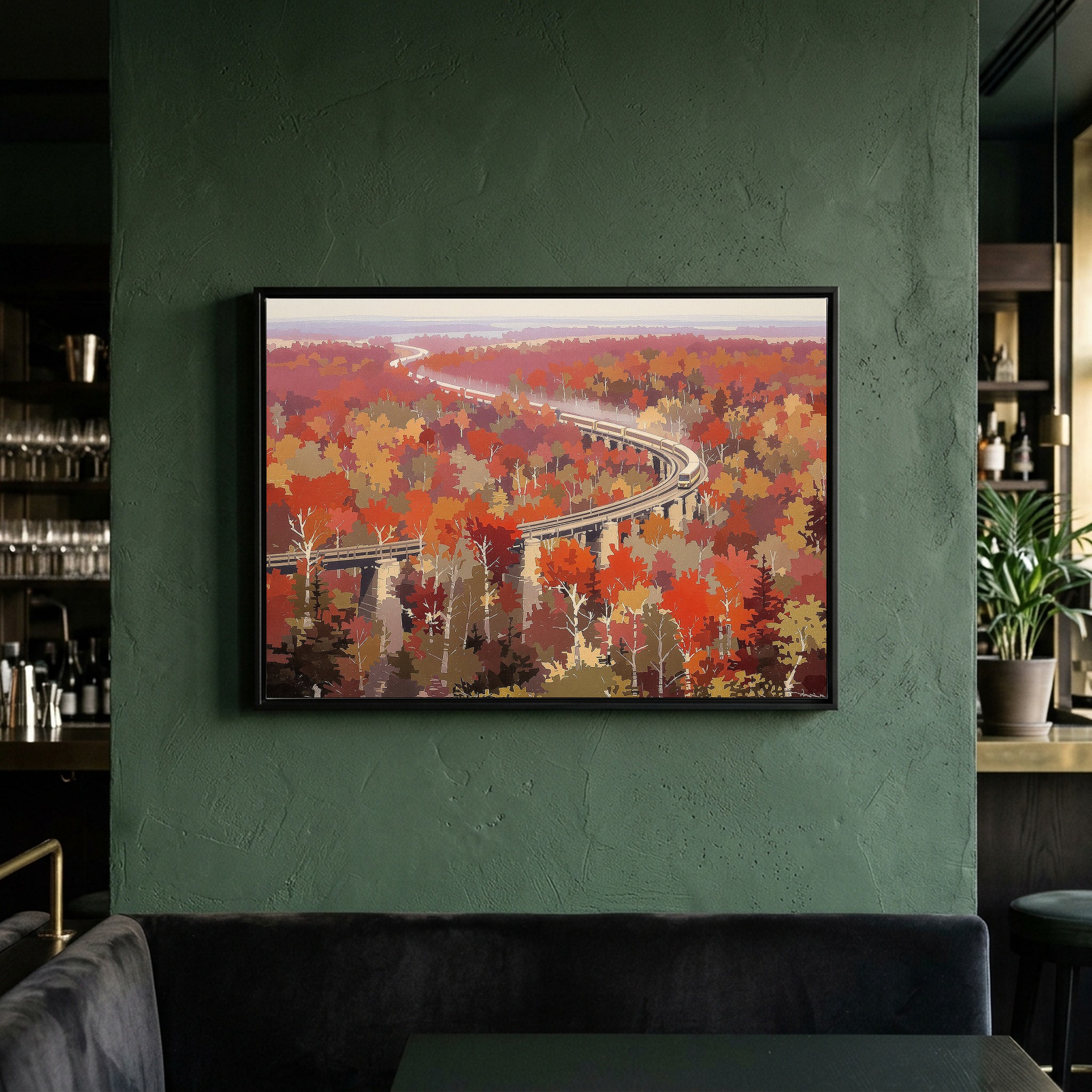 Autumn Train Through Red Maple Forests, Panoramic Canvas Wall Art for Dining Room - Image 2