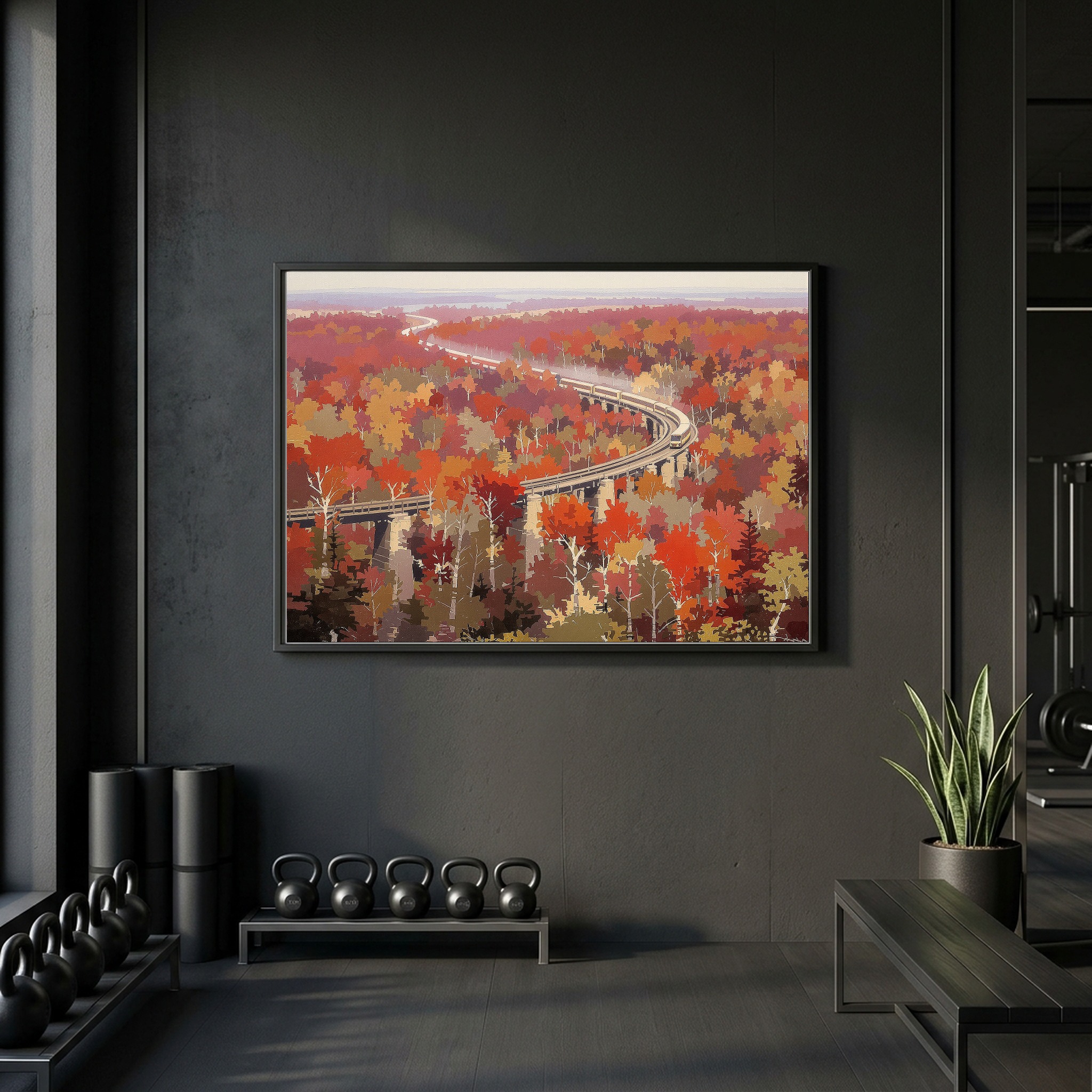 Autumn Train Through Red Maple Forests, Panoramic Canvas Wall Art for Dining Room - Image 3