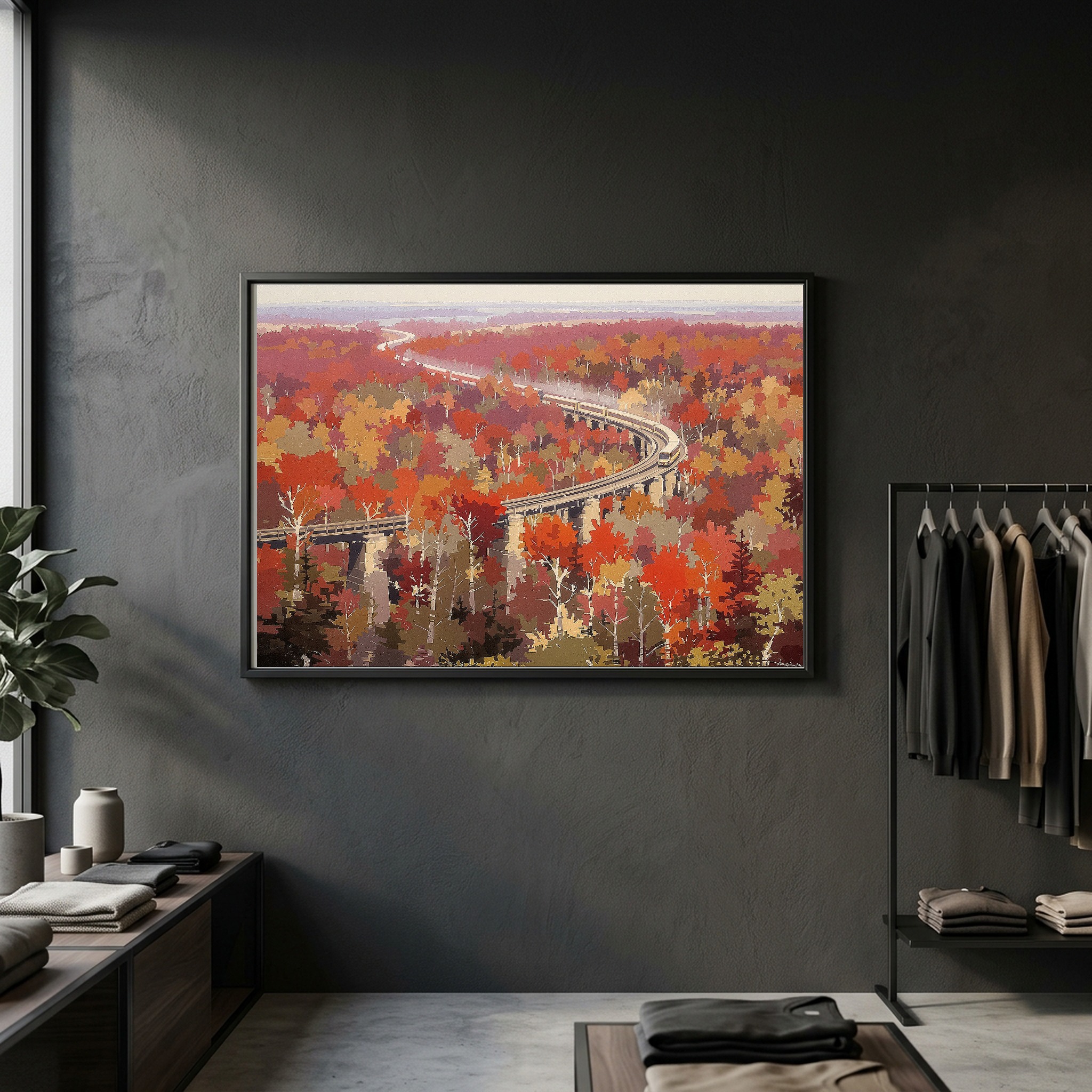 Autumn Train Through Red Maple Forests, Panoramic Canvas Wall Art for Dining Room - Image 4