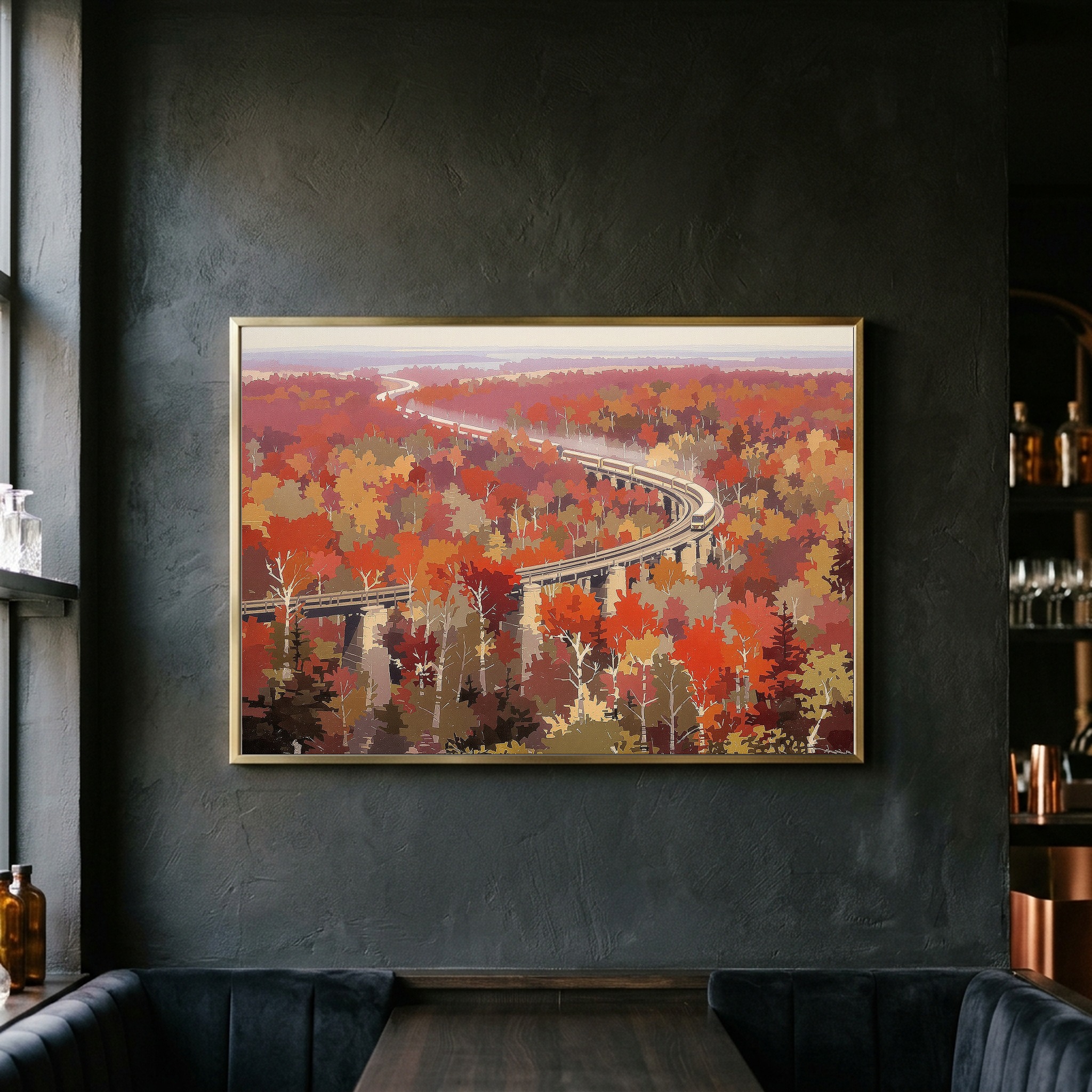 Autumn Train Through Red Maple Forests, Panoramic Canvas Wall Art for Dining Room - Image 5
