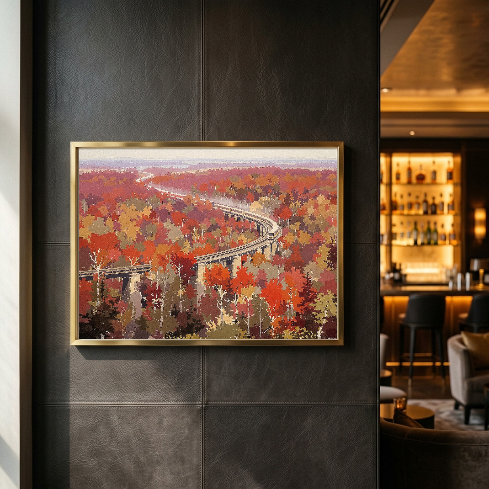 Autumn Train Through Red Maple Forests, Panoramic Canvas Wall Art for Dining Room - Image 6