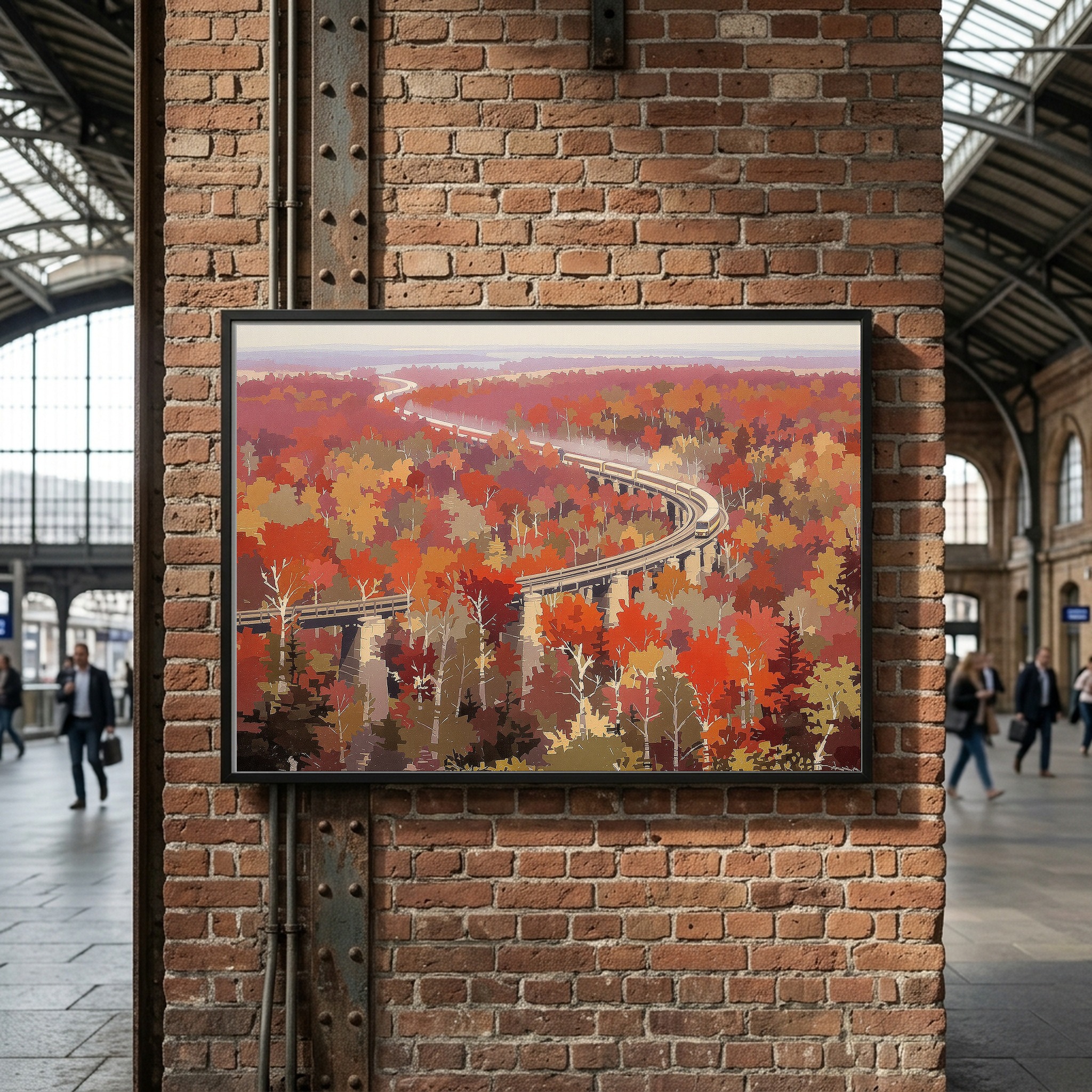Autumn Train Through Red Maple Forests, Panoramic Canvas Wall Art for Dining Room - Image 7