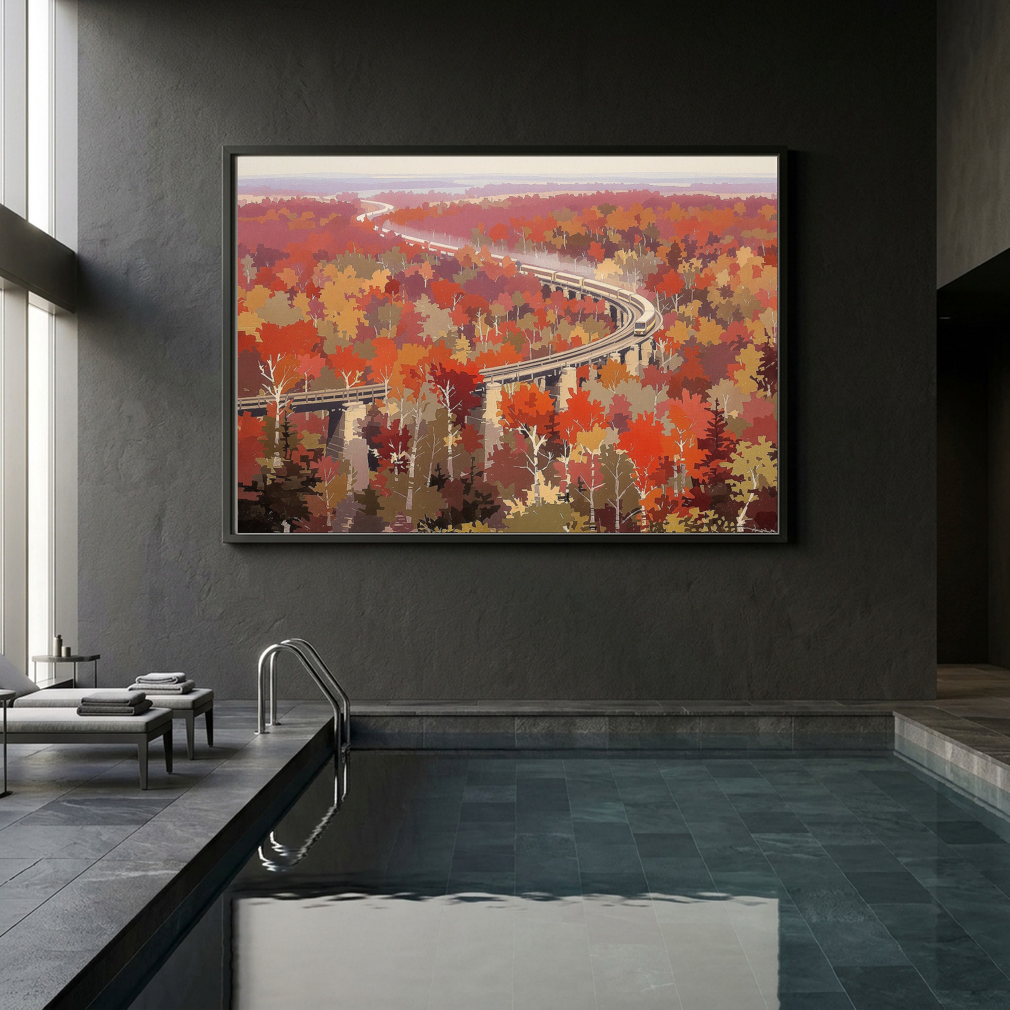 Autumn Train Through Red Maple Forests, Panoramic Canvas Wall Art for Dining Room - Image 8