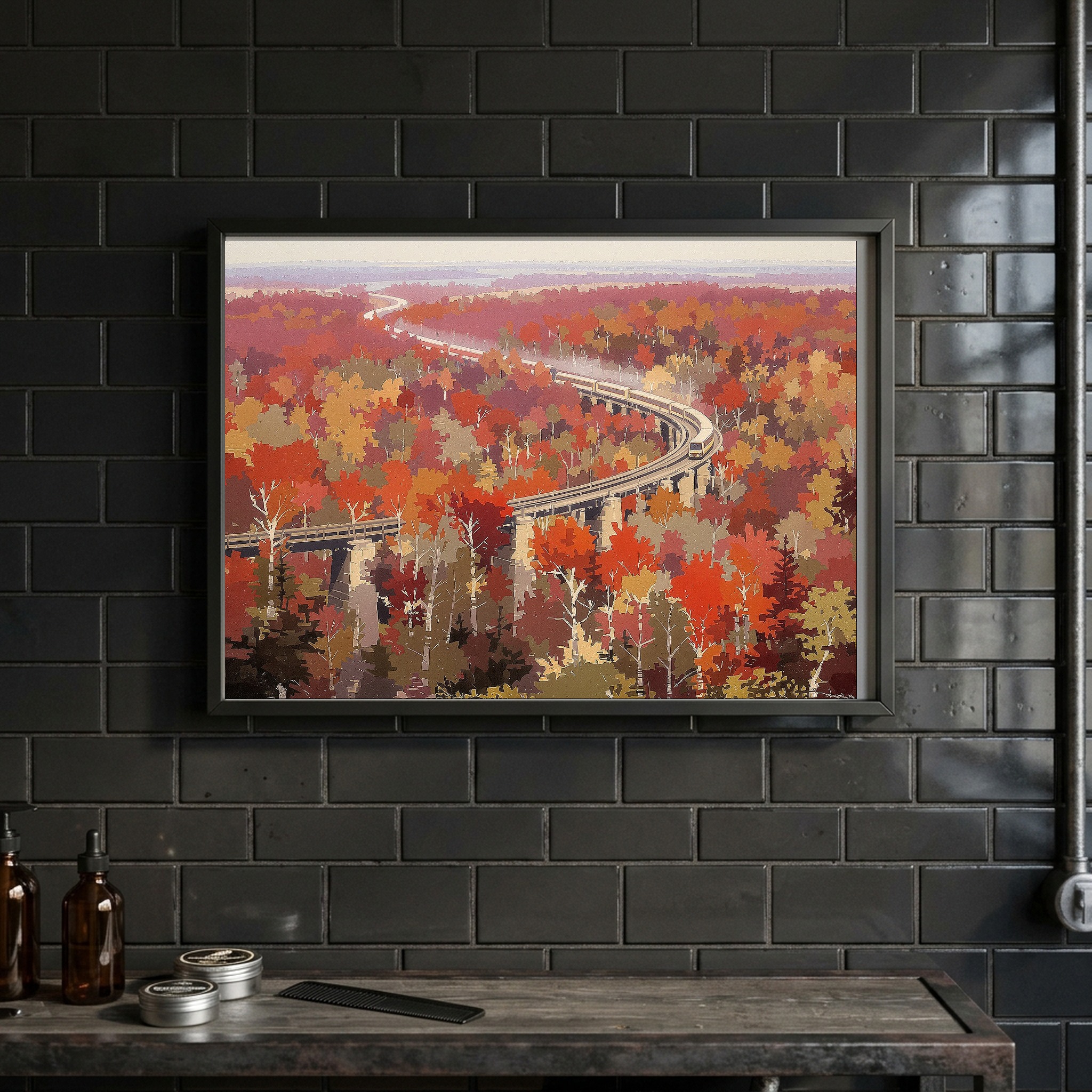 Autumn Train Through Red Maple Forests, Panoramic Canvas Wall Art for Dining Room - Image 9
