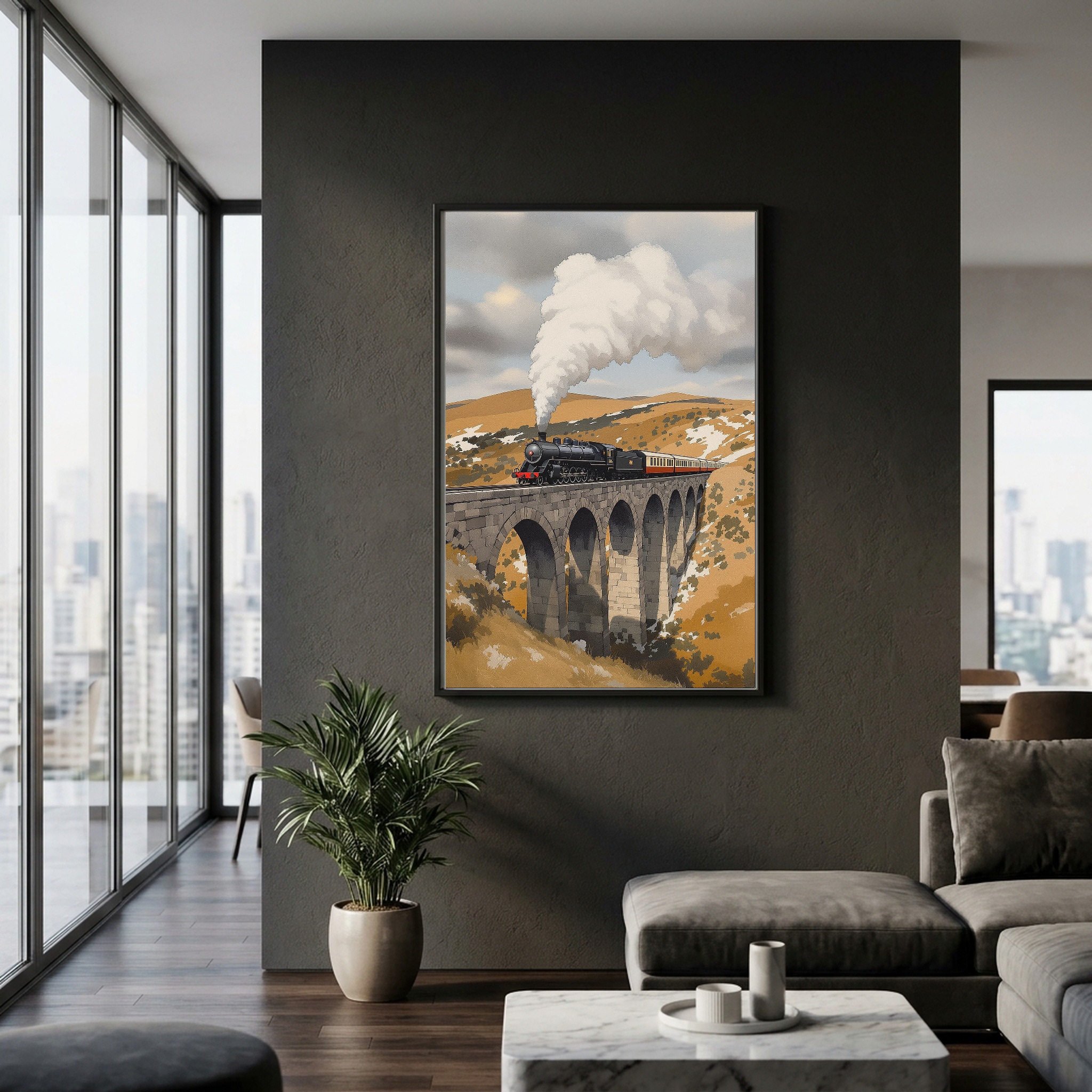 Steam Locomotive Crossing Stone Viaduct Canvas Wall Art - Image 2