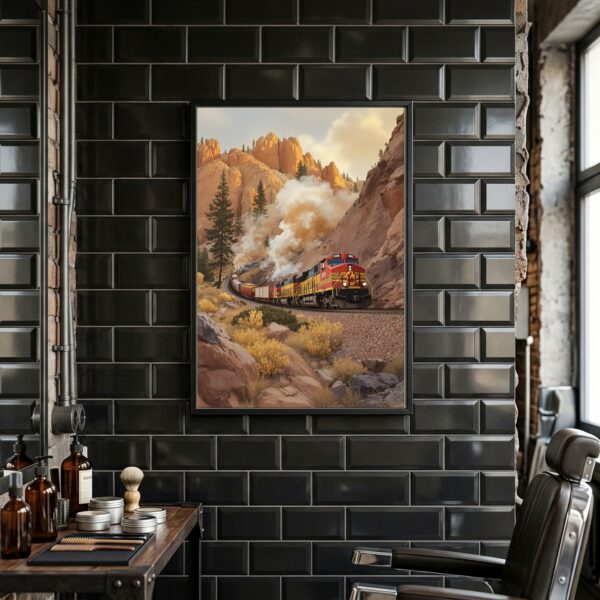 Diesel Freight Train Climbing Through the Rockies – Vertical Canvas Wall Art for Library or Living Room
