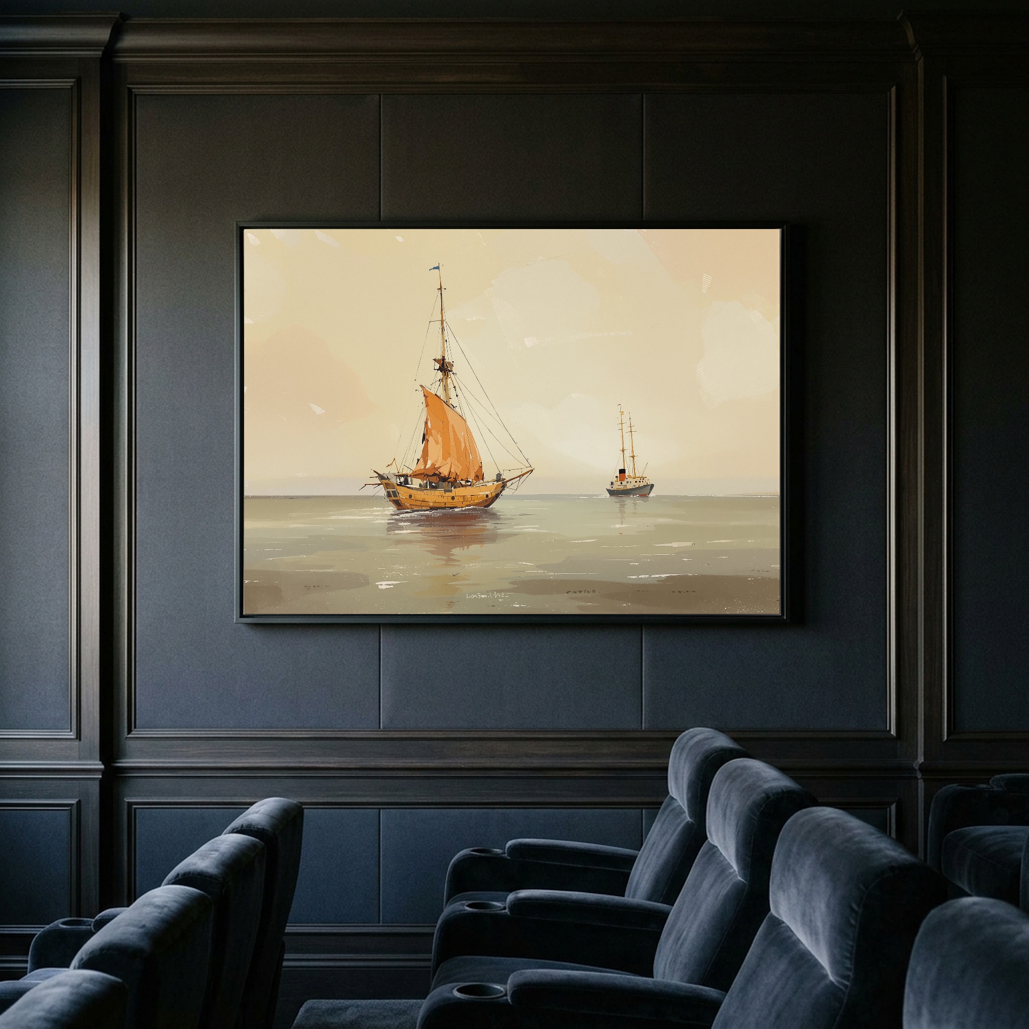 Historic Sailboat Passing Lightship – Nautical Canvas Wall Art for Home Office