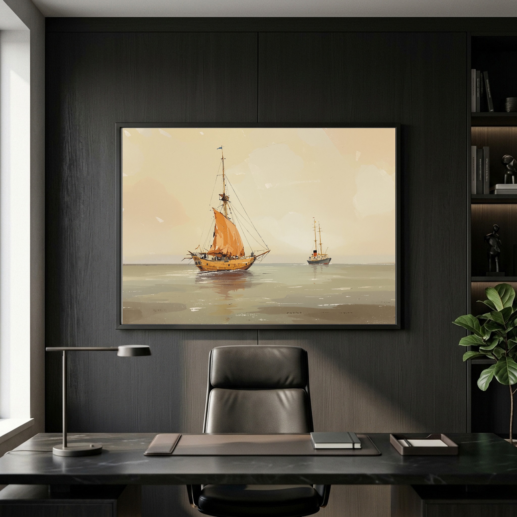 Historic Sailboat Passing Lightship – Nautical Canvas Wall Art for Home Office - Image 2