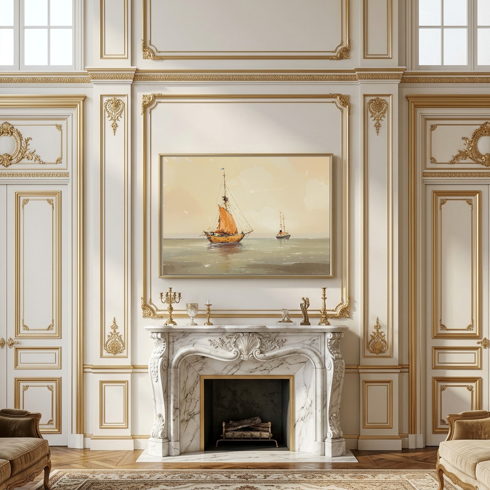 Historic Sailboat Passing Lightship – Nautical Canvas Wall Art for Home Office - Image 6